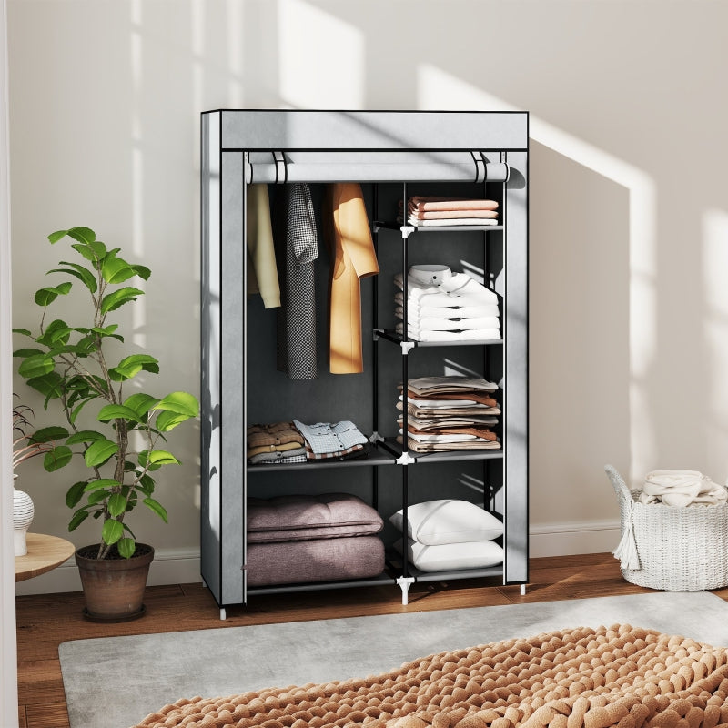 Fabric Wardrobe Portable, 6 Shelves 1 Hanging Rail Foldable Closet, Light Grey