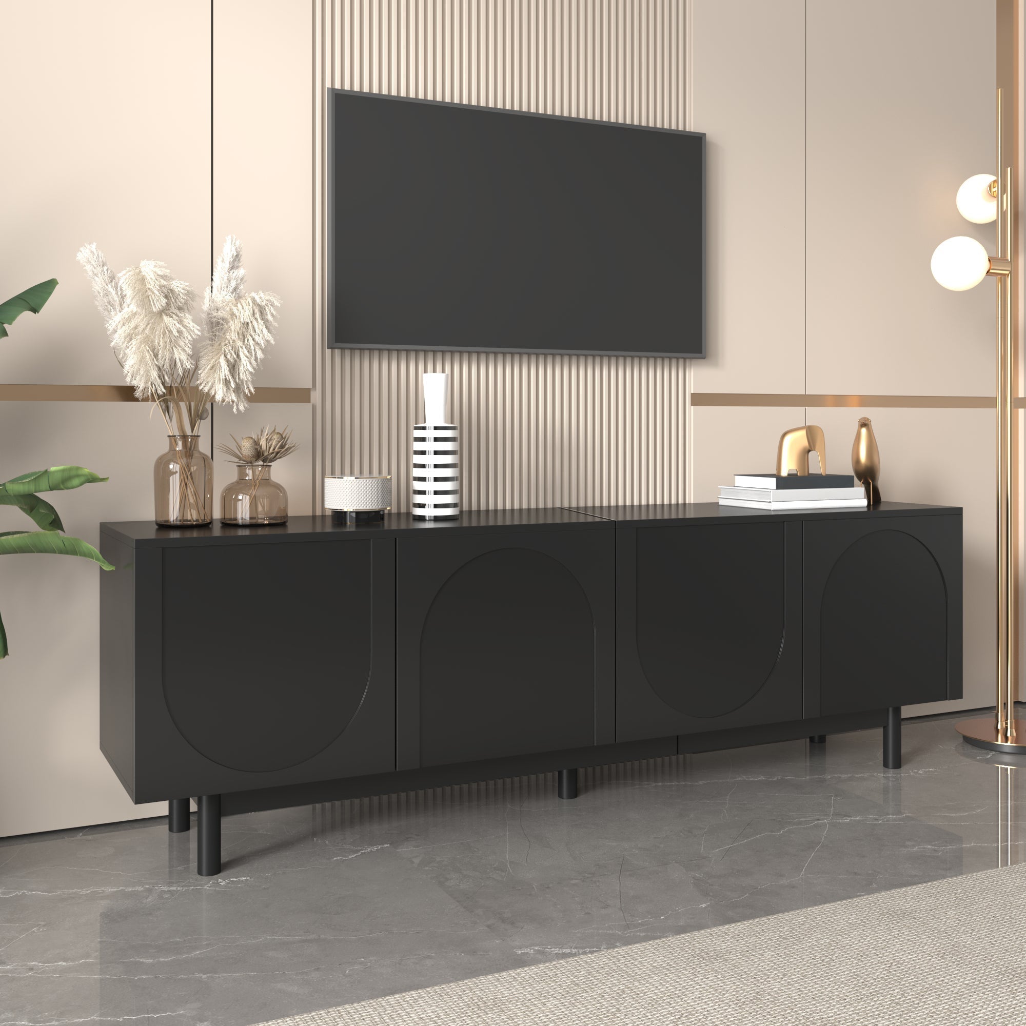 TV Cabinet 175cm Adjustable Shelves Lowboard Black