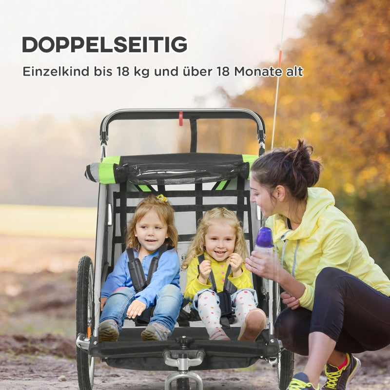 2-in-1-Fahrradanhänger, 2 Kinder, Schiebewagen, Regenverdeck, Bremse, Grün