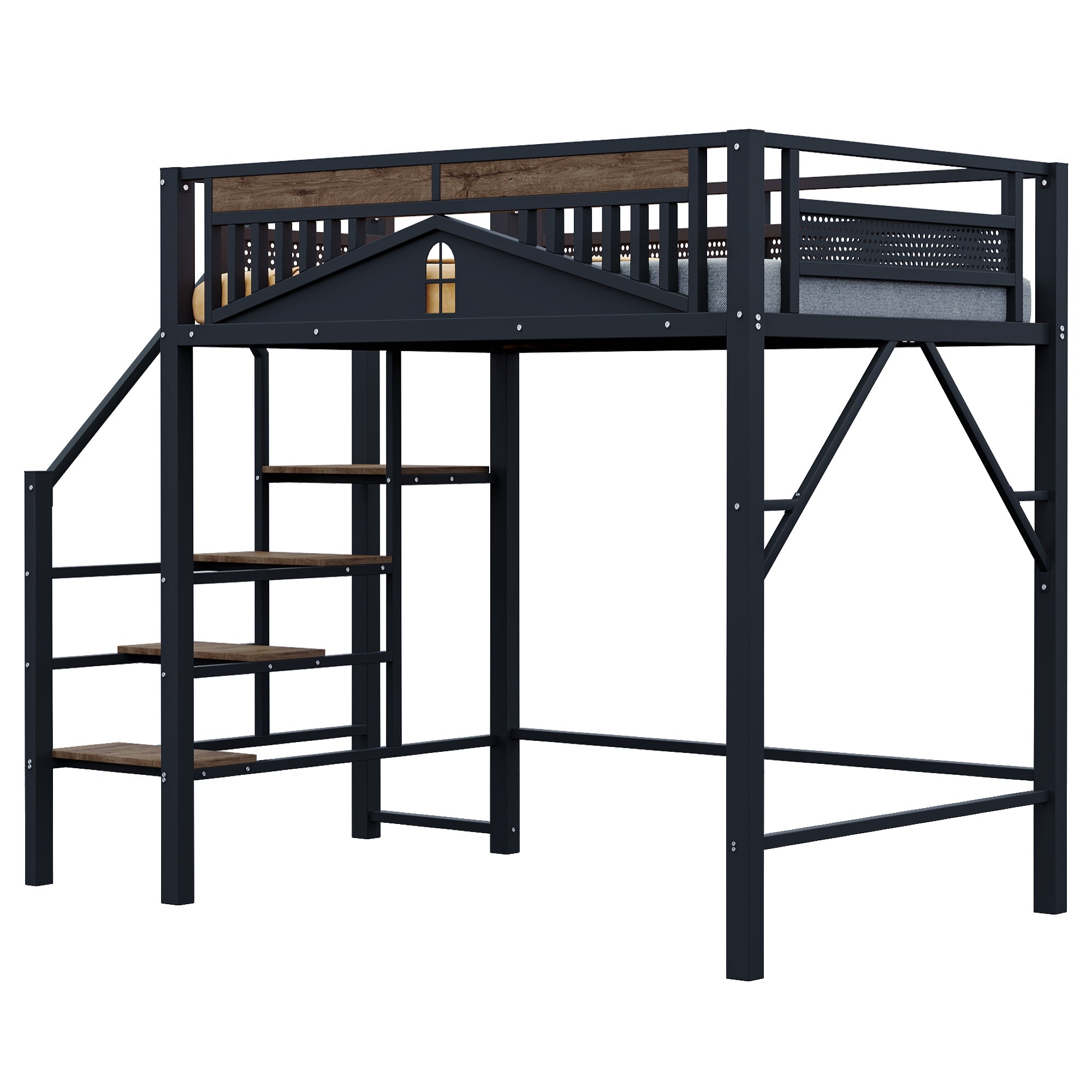 Loft Metal Bed 140x200 cm with Security Steps and Wood Accents, Black or White