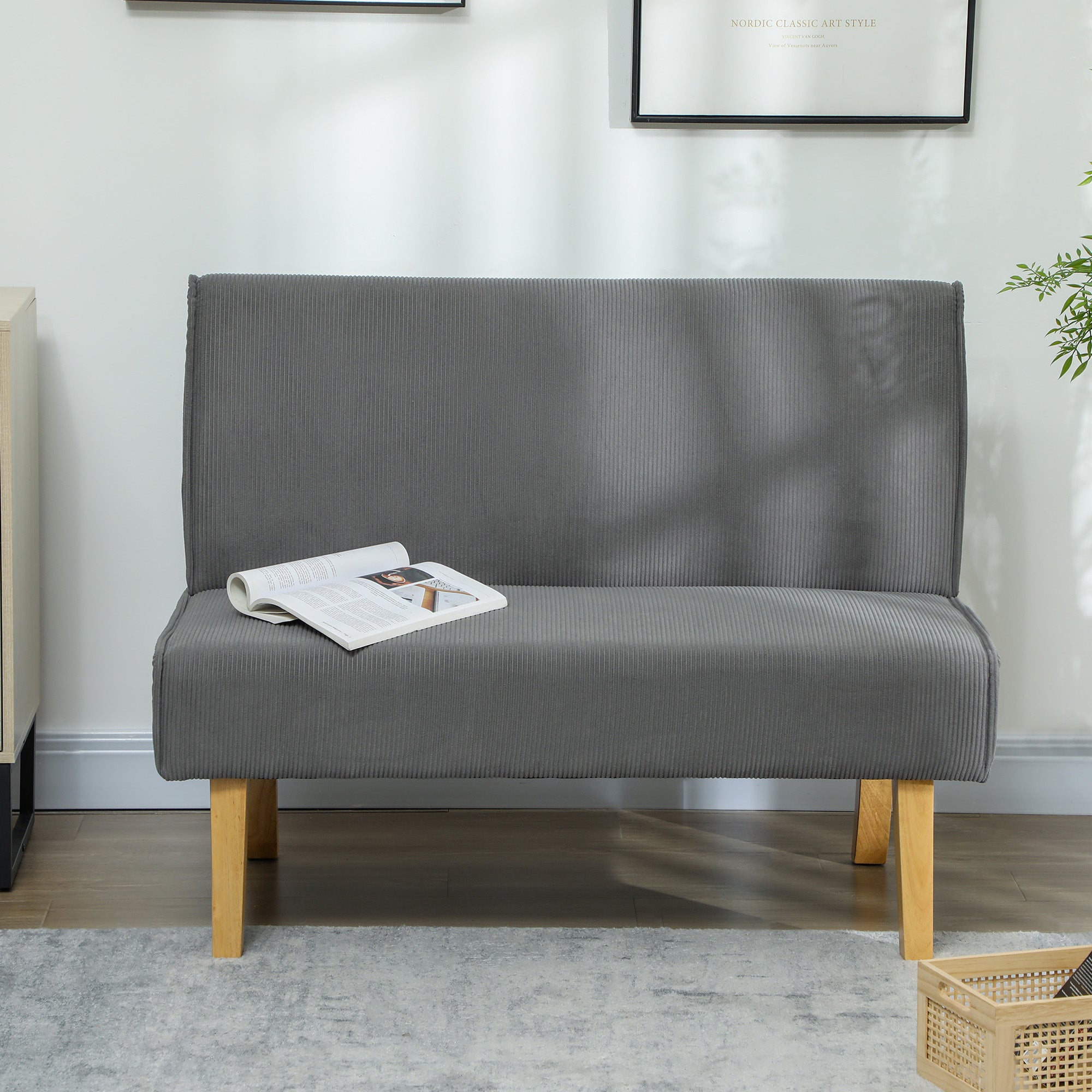 2-Seater Sofa Upholstered Wooden Legs 110cm Corduroy-Look, Grey