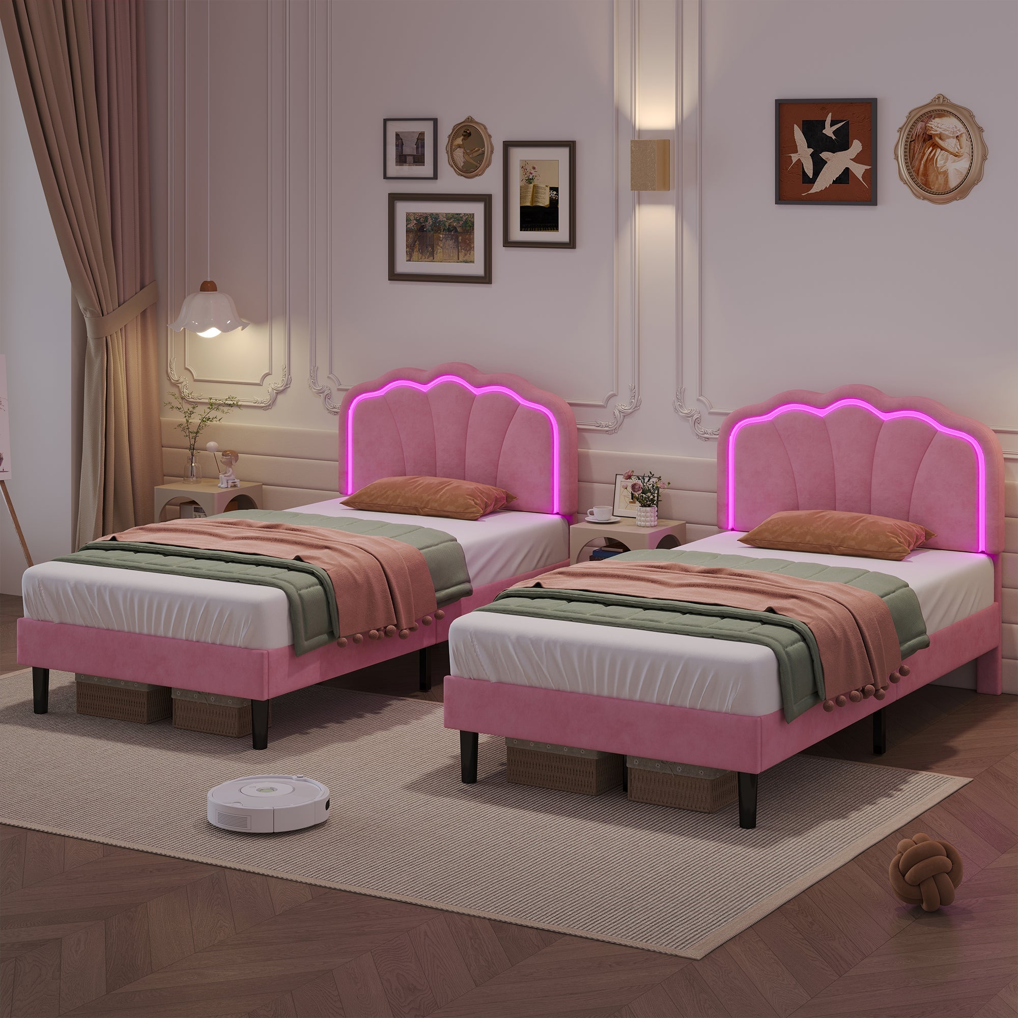 3ft Single Upholstered Bed with LED Adjustable Shell Shape Headboard, Soft Velvet, Pink