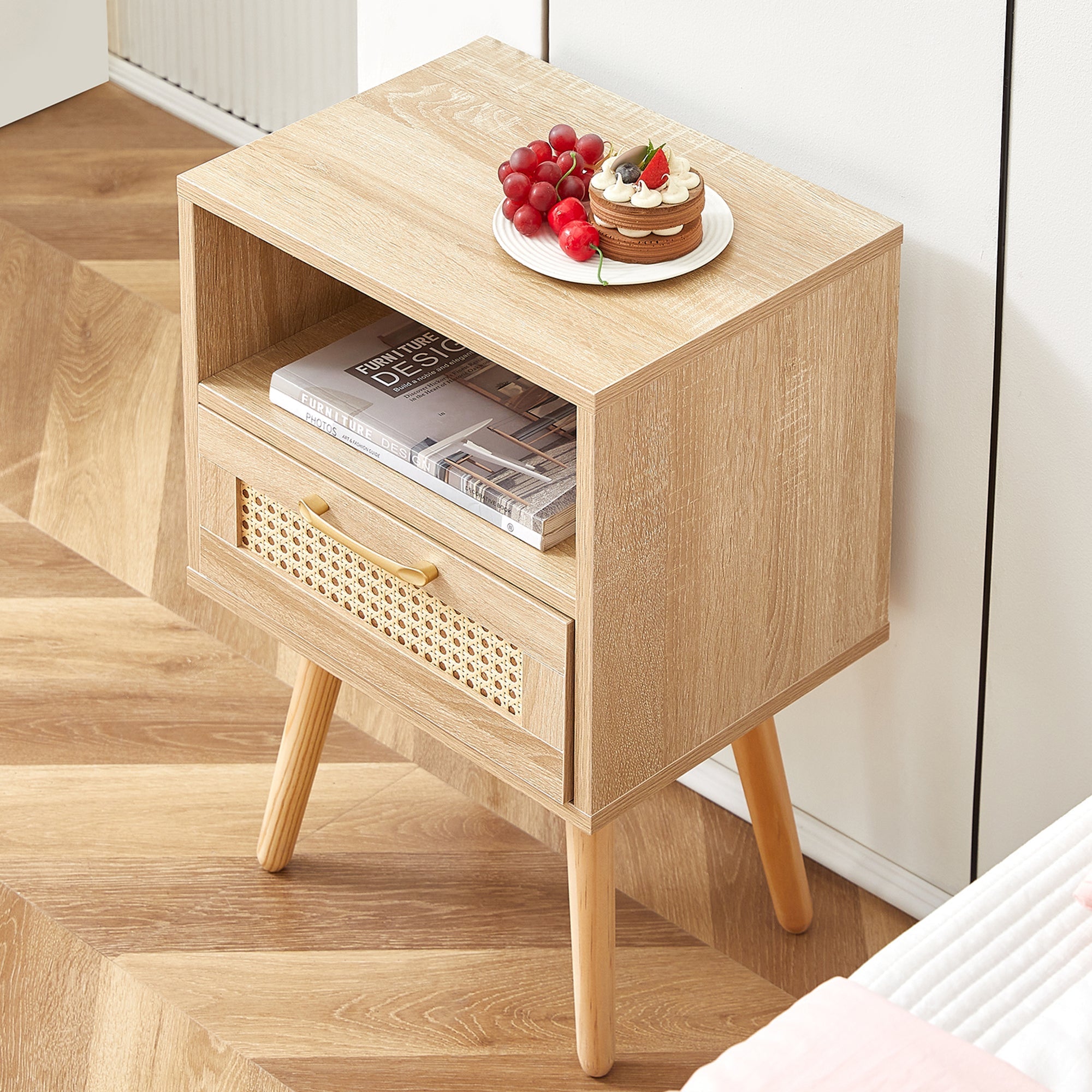 Rattan Side Table Drawer Solid Wood Legs Modern Bedside Natural Wood Look