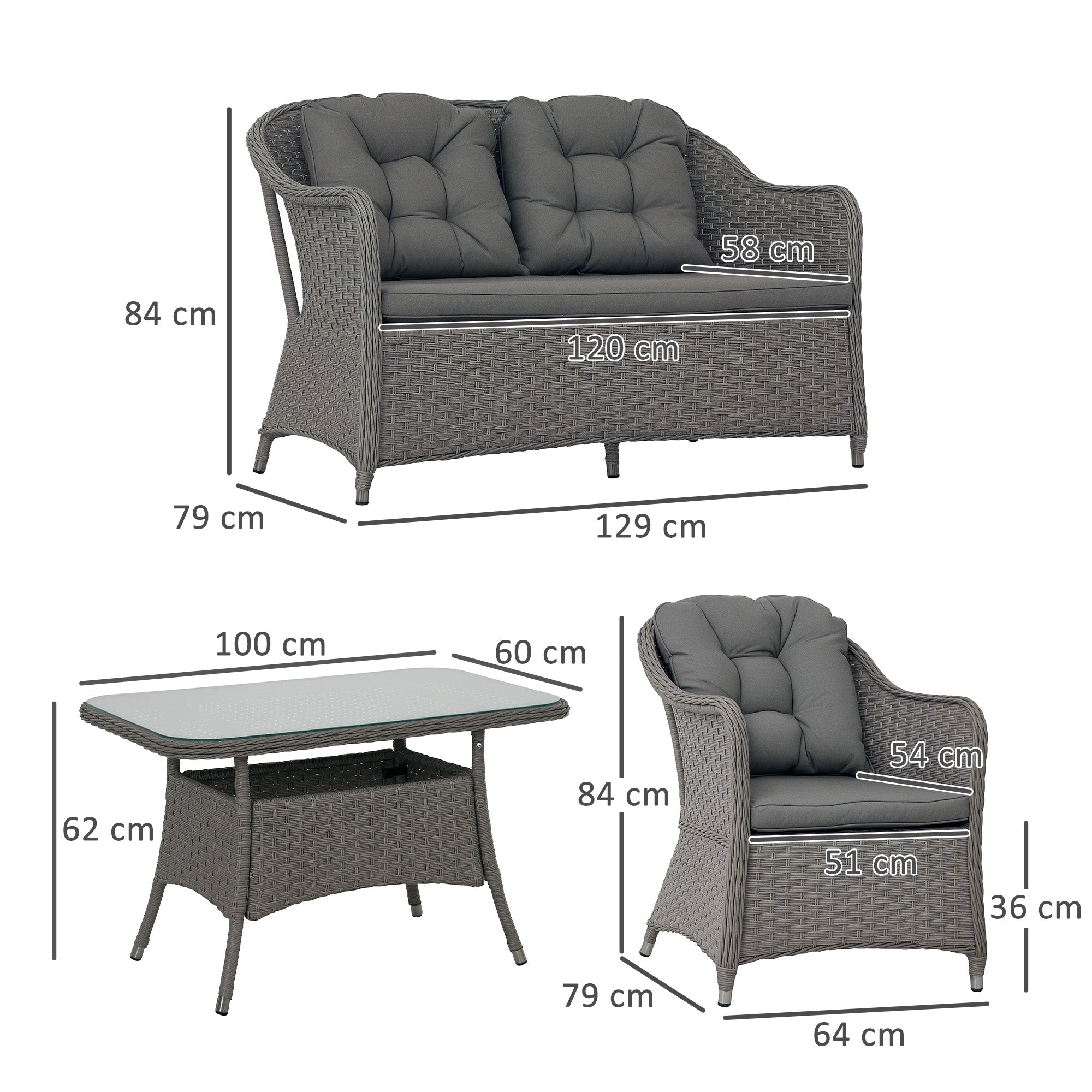 Four-Piece Rattan Set, Glass-Top Table, Light Grey