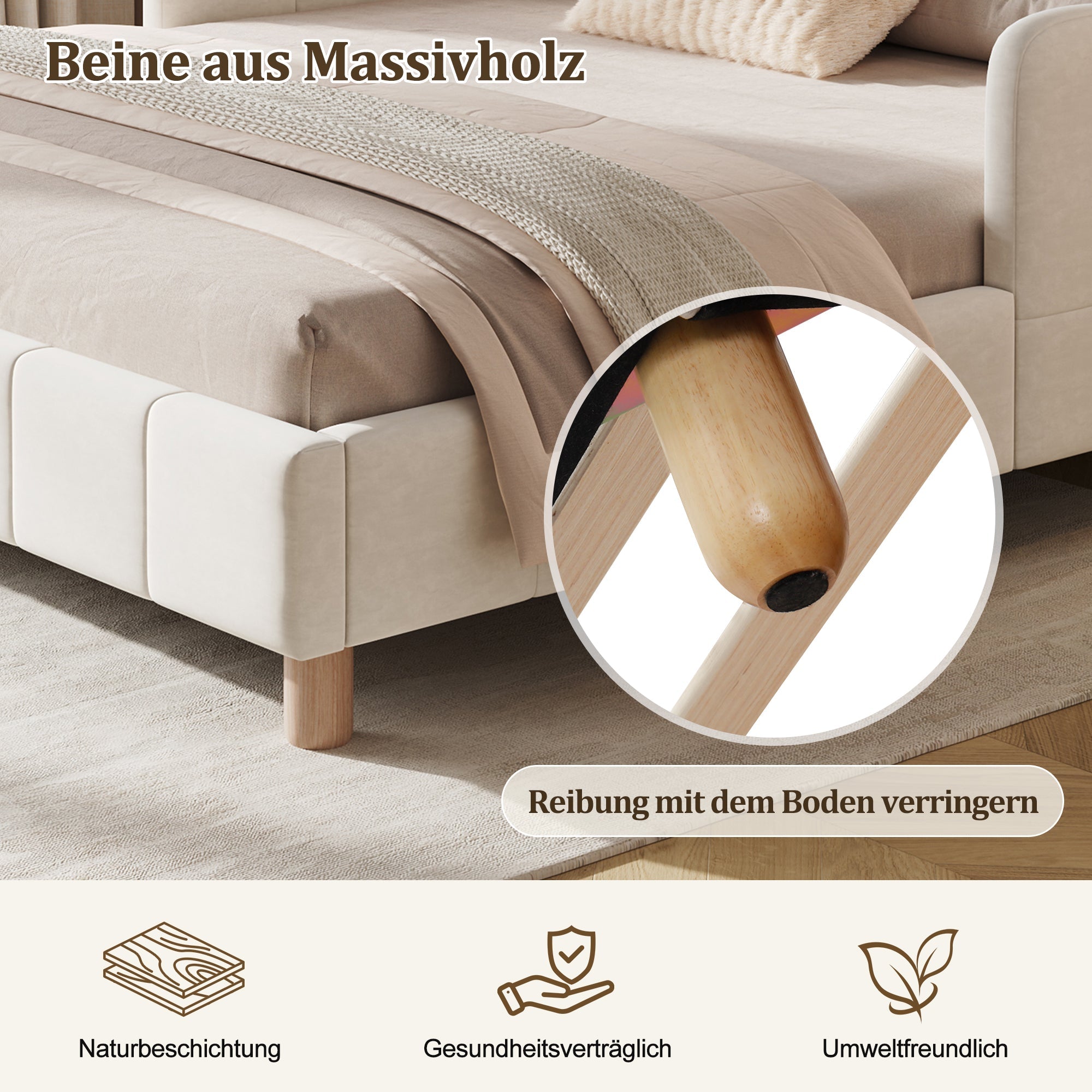 Upholstered Children's Bed with Safety Rail and Solid Wood Legs, 140x200cm, Beige Velvet