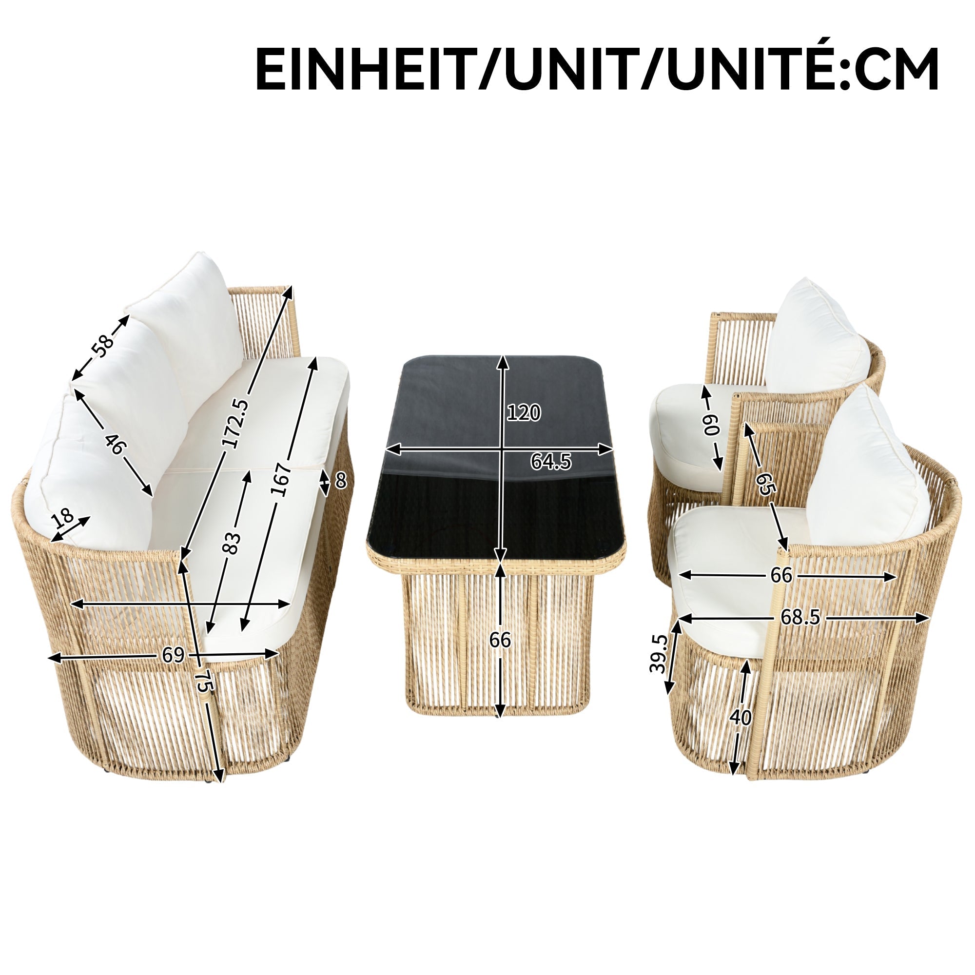 4-Piece Garden Furniture Set with 3-Seater Sofa, 2 Armchairs and Glass Table, PE Rattan and Steel