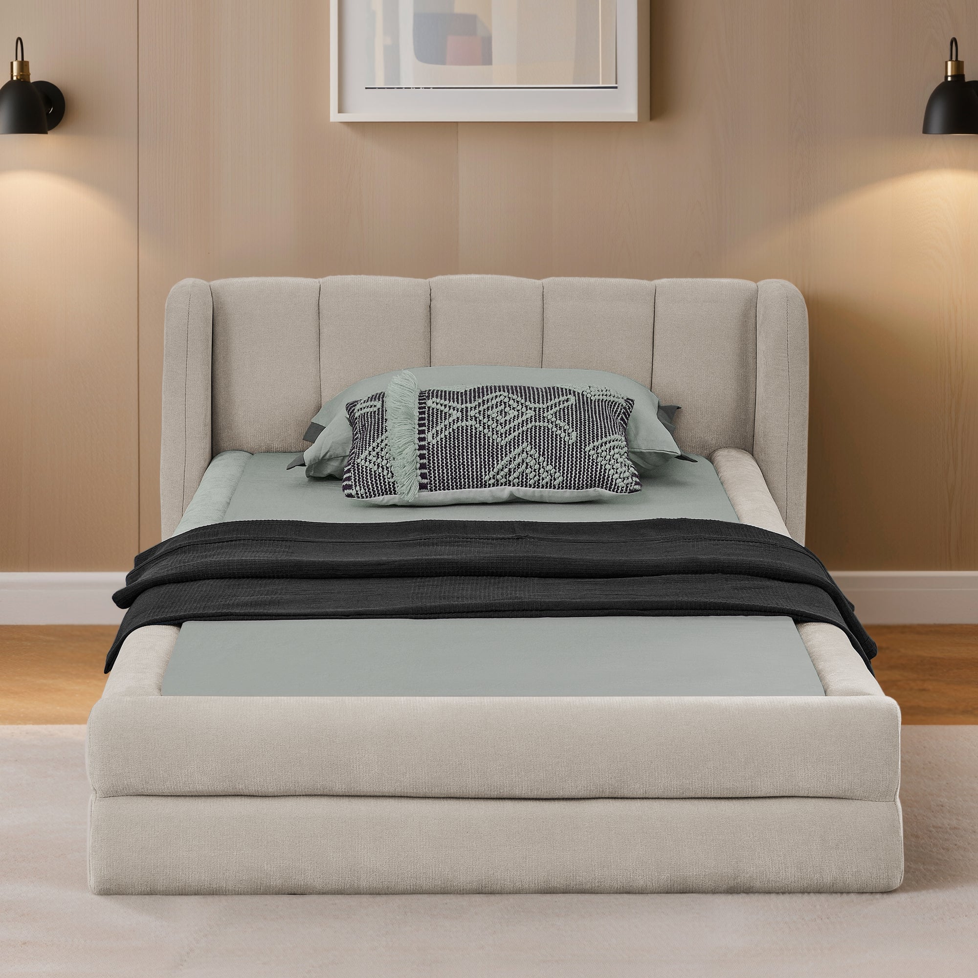 Single Bed 90x200cm Comfortable Headboard Chenille Beige