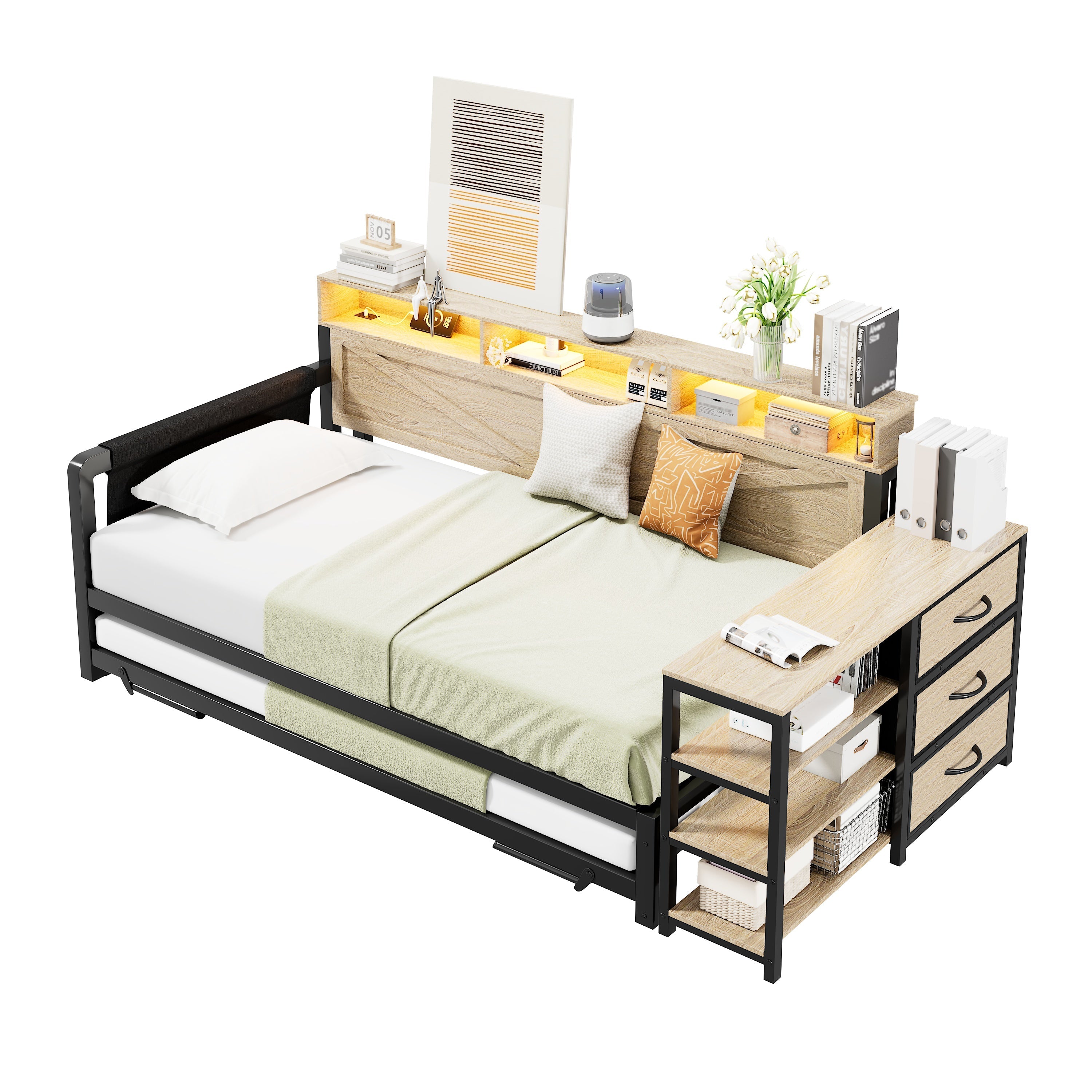 Metal Sofa Bed with Adjustable Pull-Out Bed, Storage Cabinet and LED Lighting, Black