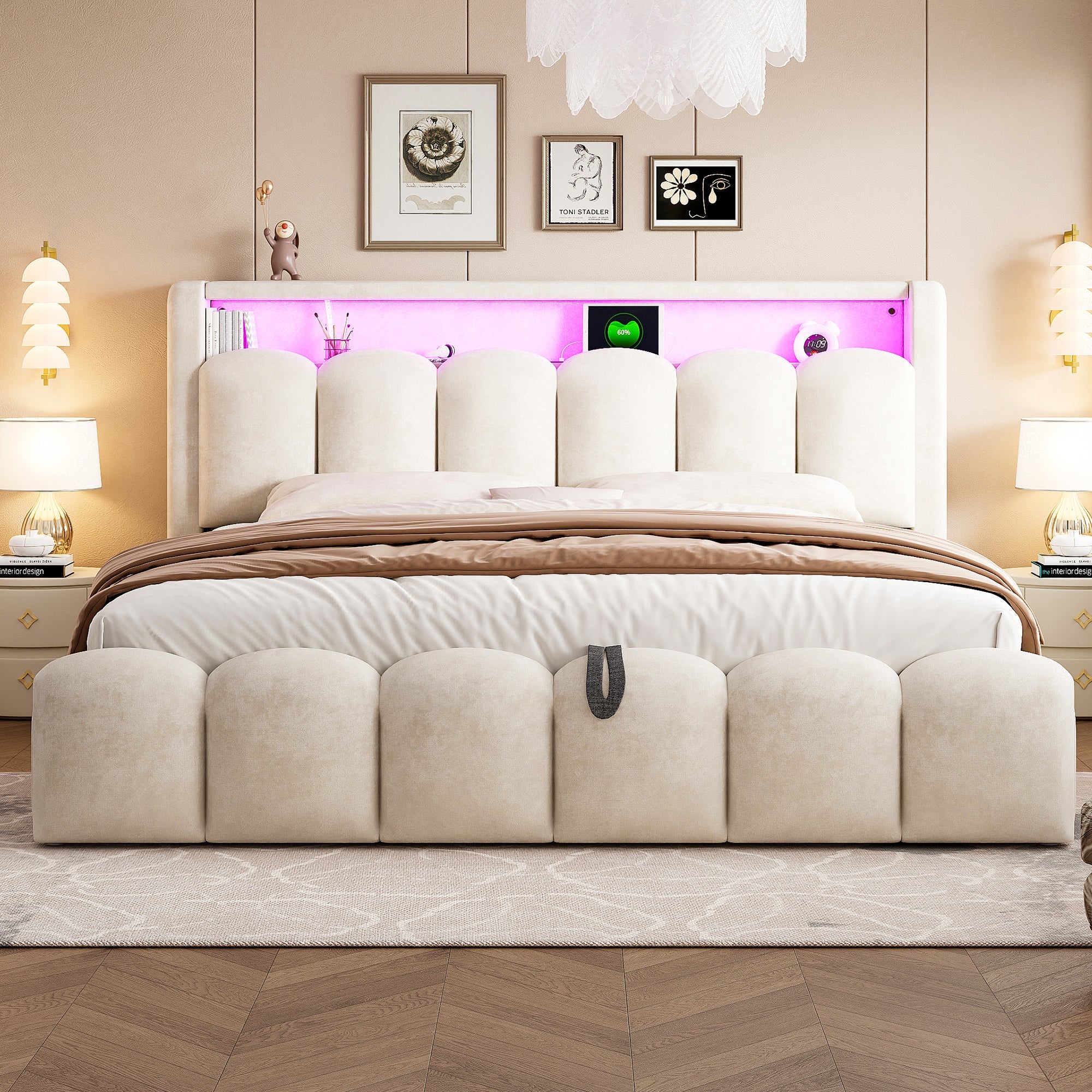 Upholstered Bed 180x200 Hydraulic Storage LED USB/Type-C Velvet Beige
