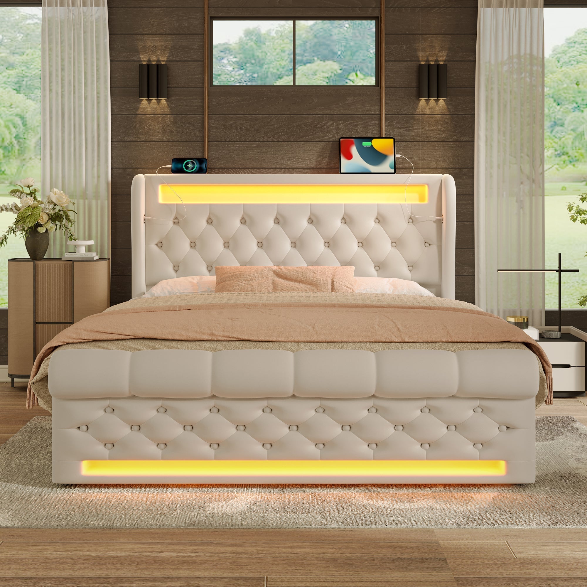 Upholstered Double Bed, 140x200cm LED with Storage Headboard USB/Type-C, Hydraulic Lift, Beige Velvet