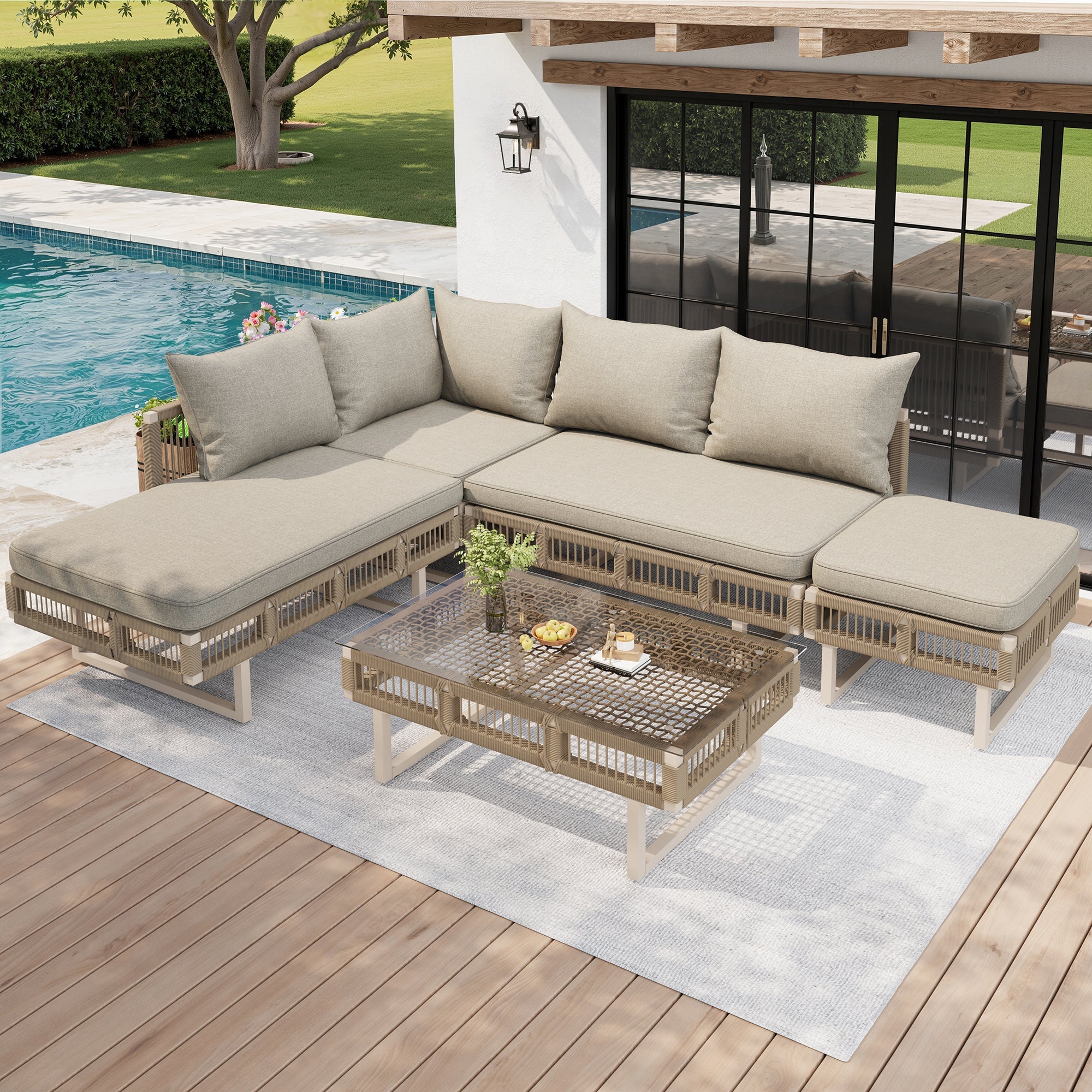 Modular Garden Furniture Set with 10cm Thick Cushions and Glass Coffee Table, Rope Weave, Beige/Green