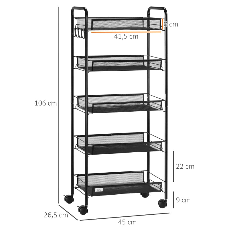 Rolling Cart 4 Tier, 5 Baskets, Steel Black