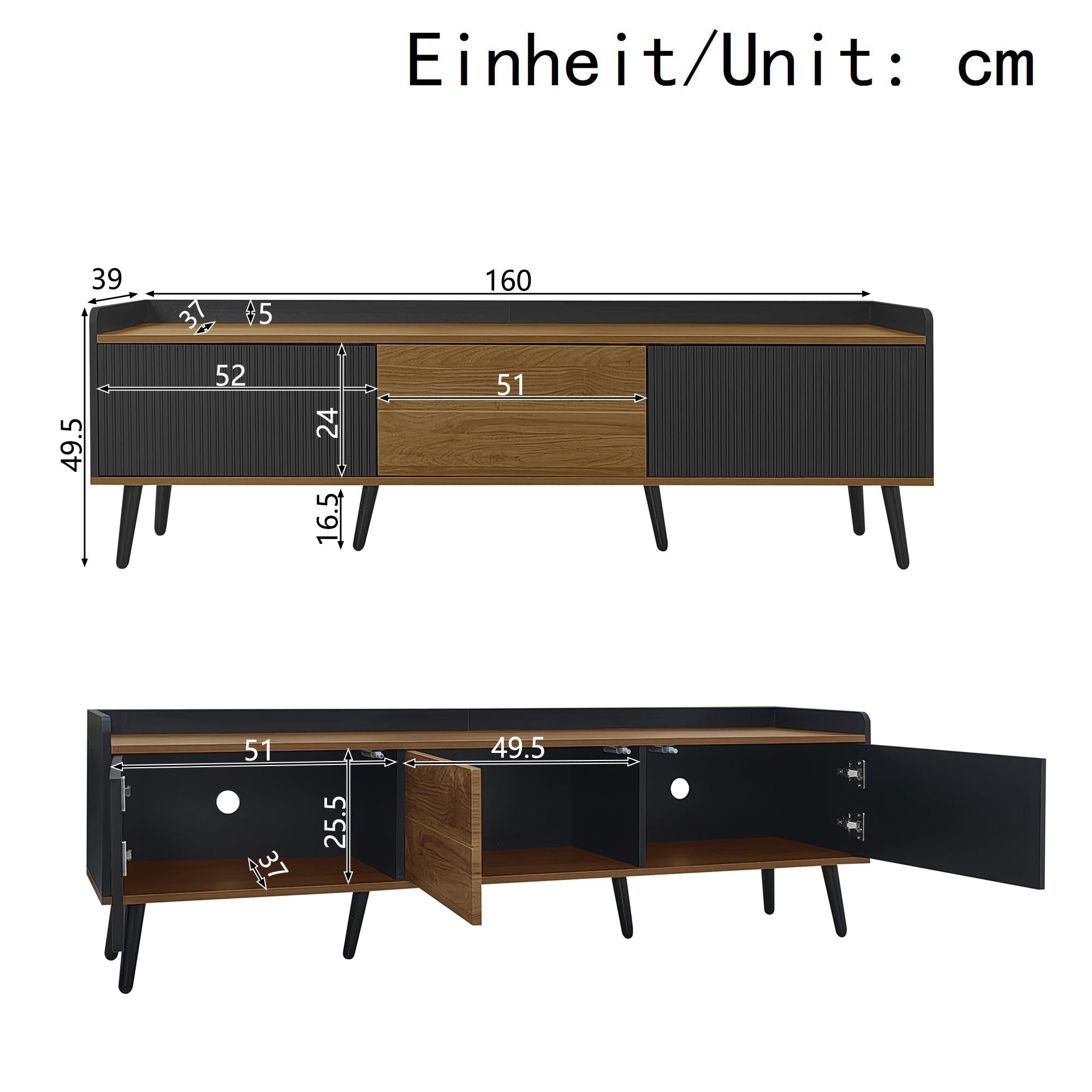 TV Cabinet 3-Door Base Cabinet Compact Design Black and Natural Wood