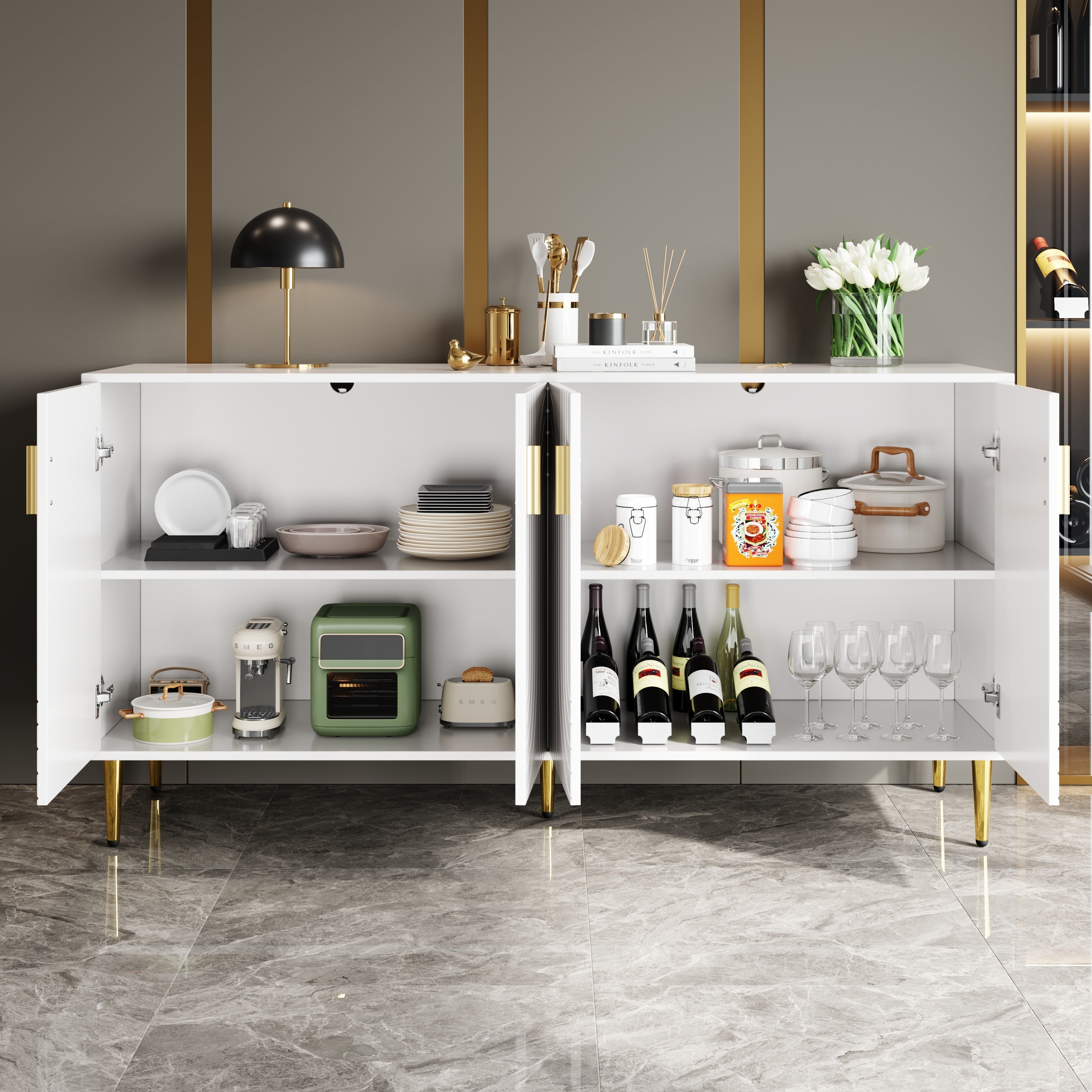 Sideboard with Wave Design, Golden Handles and Feet, 152 x 40 x 75 cm, White