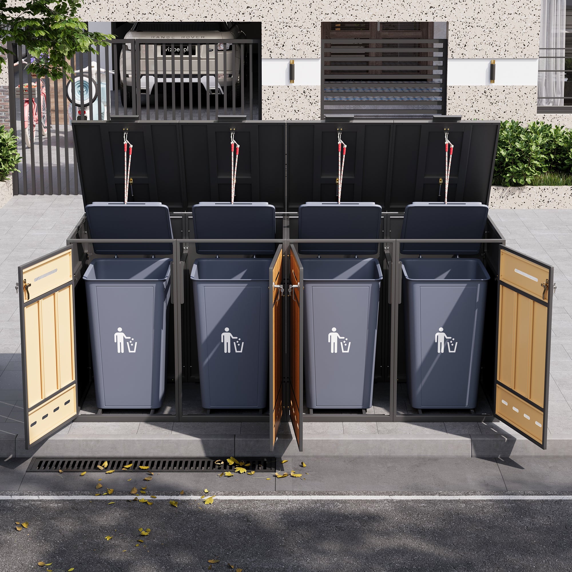 Bin Storage Unit for 4 Trash Cans, Lockable with Ventilation, Steel