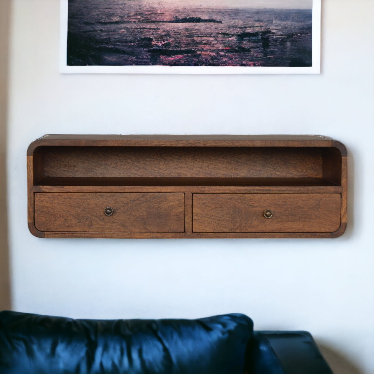 Solid Wood Floating Console, 2 Drawers 1 Shelf, Dark Brown Chestnut