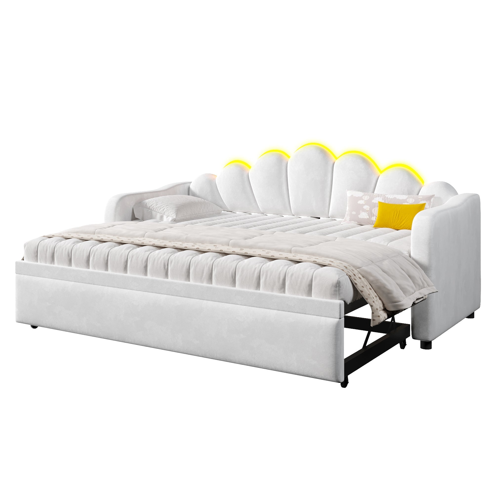 Upholstered Daybed with Pull-out Function and LED Lighting, 90x200cm, White