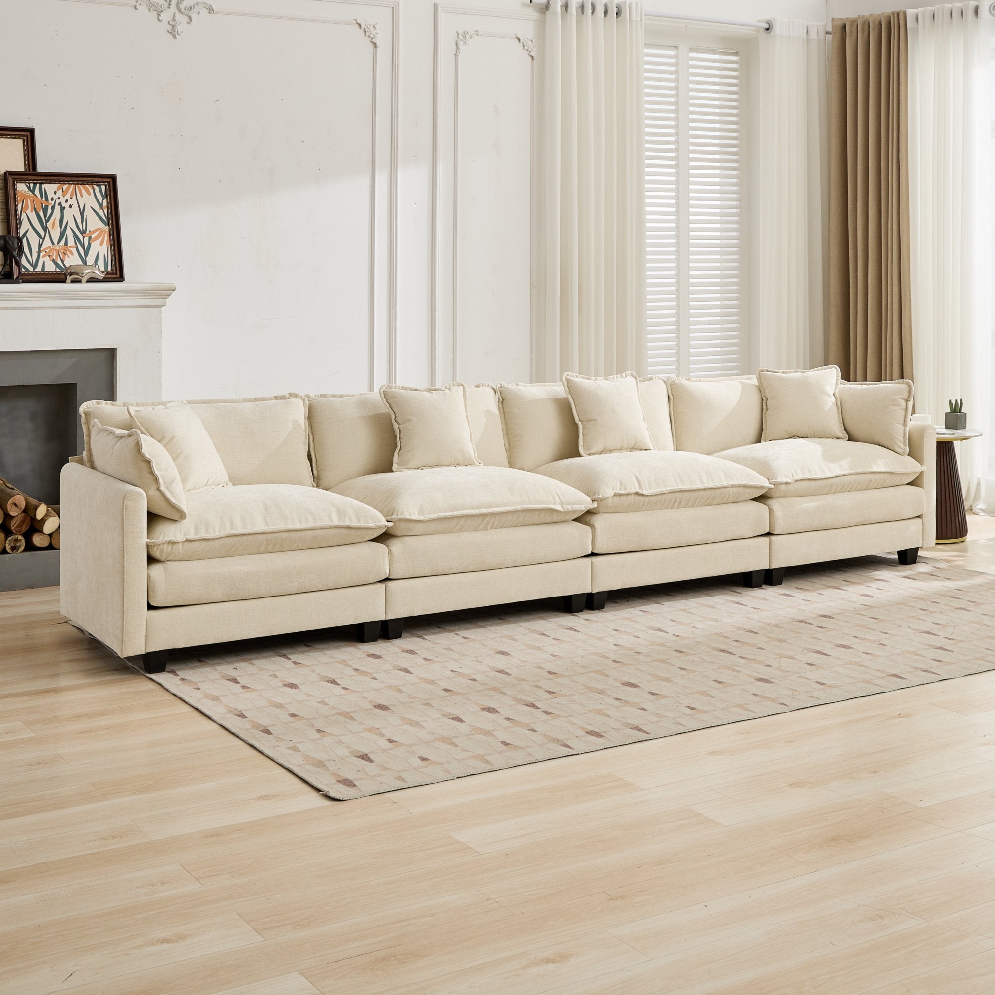 Cloud Sofa 4 Seats, Modern Sectional Couch with Double Layer Cushion, Beige Chenille Fabric