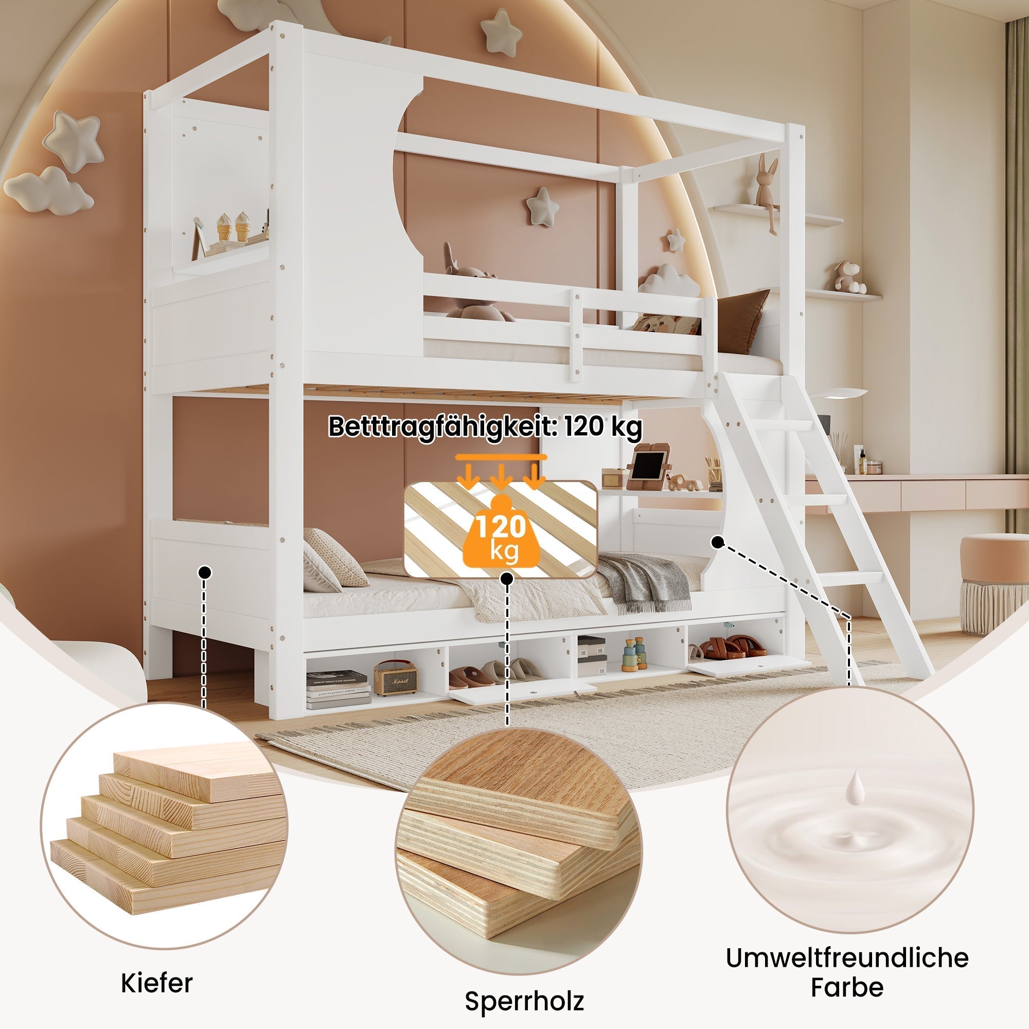 Bunk Bed with Safety Gate, Table, Shoe Cabinet, Ladder, Pine+MDF+Plywood, White