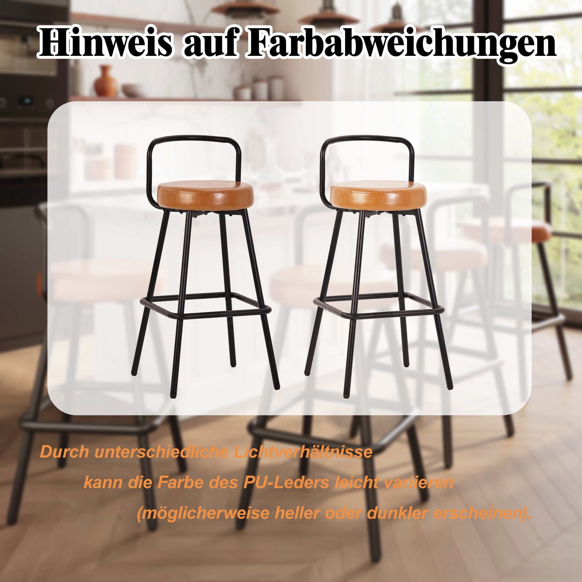 Modern Bar Stools Set of 2 with Ergonomic Backrest and Footrest, PU Leather and Iron, Brown