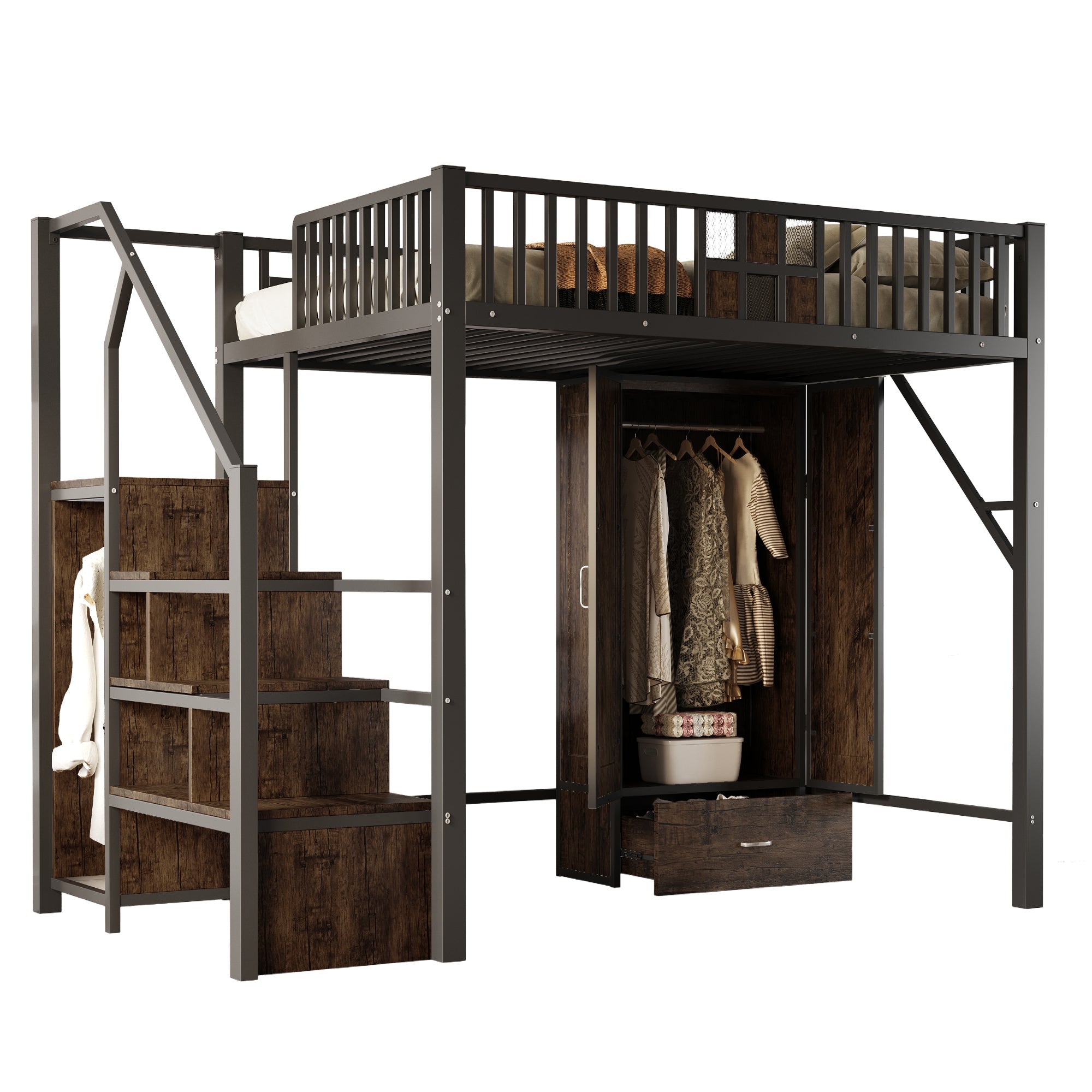 Metal Loft Bed 140x200cm, Wardrobe, Drawers & Storage Ladder, Black Wood & Metal