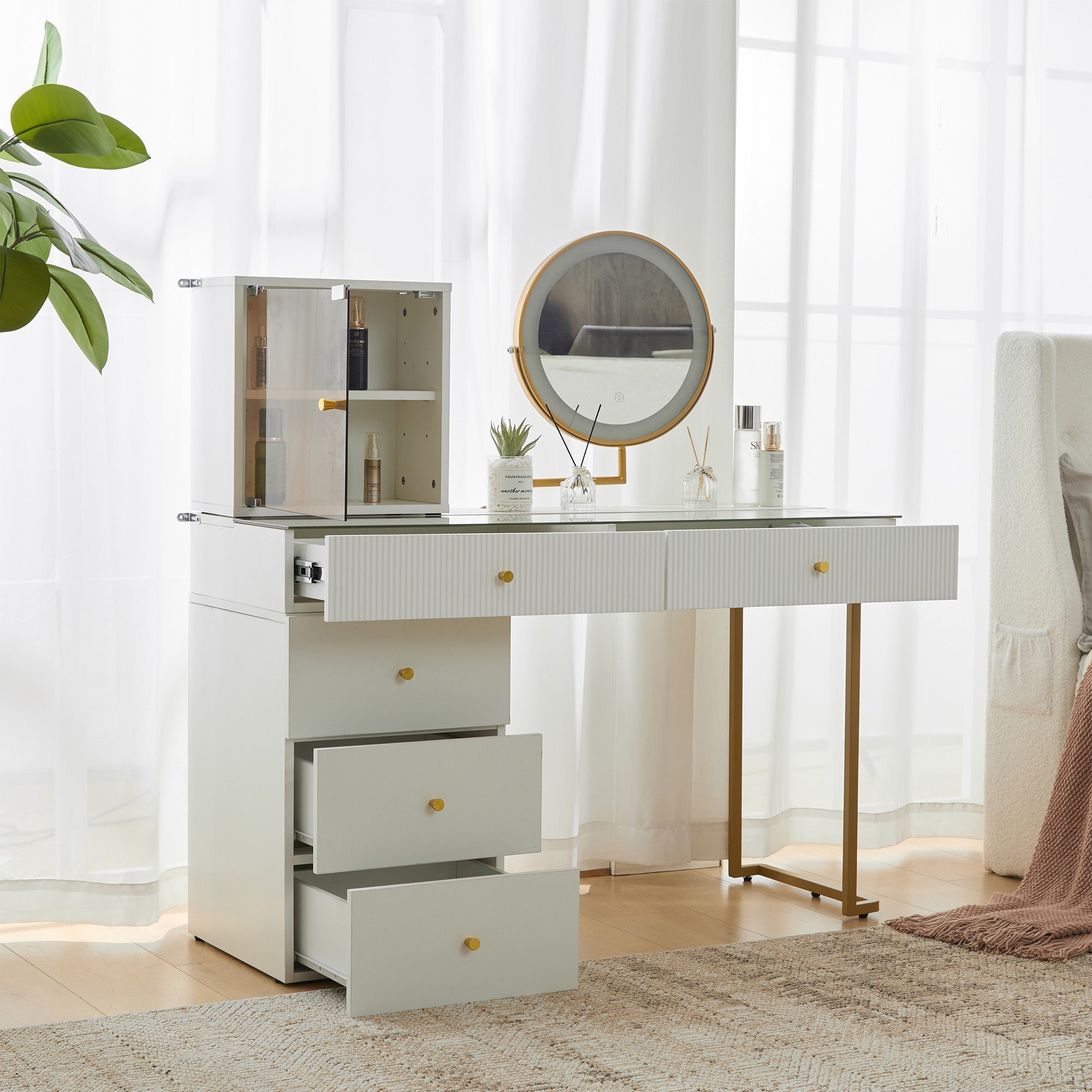 Dressing table set with LED-illuminated mirror, transparent tempered glass tabletop, side cabinet, white