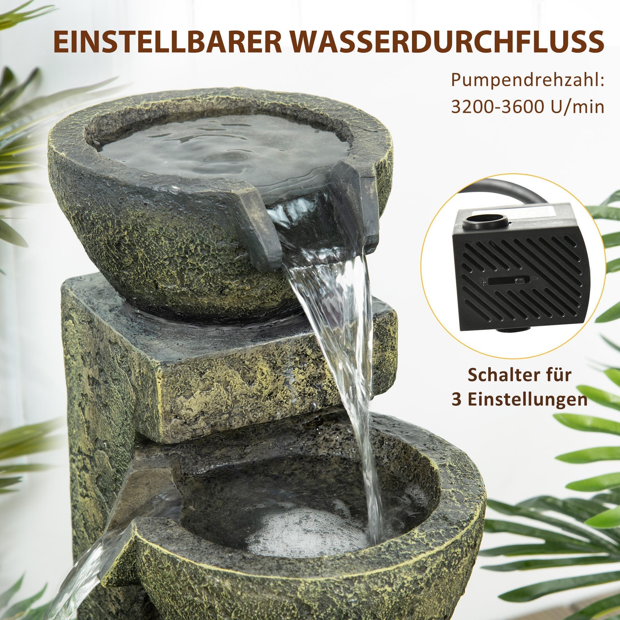 Garden Fountain with 4 Adjustable Flow Levels, Water Feature Waterfall, Synthetic Resin