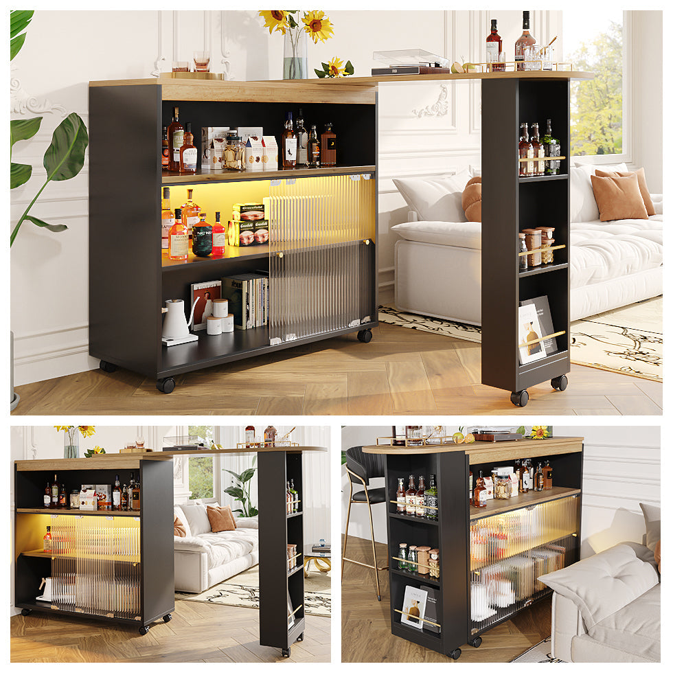 Extendable Bar Table Telescopic with LED Light Storage Cabinet Black