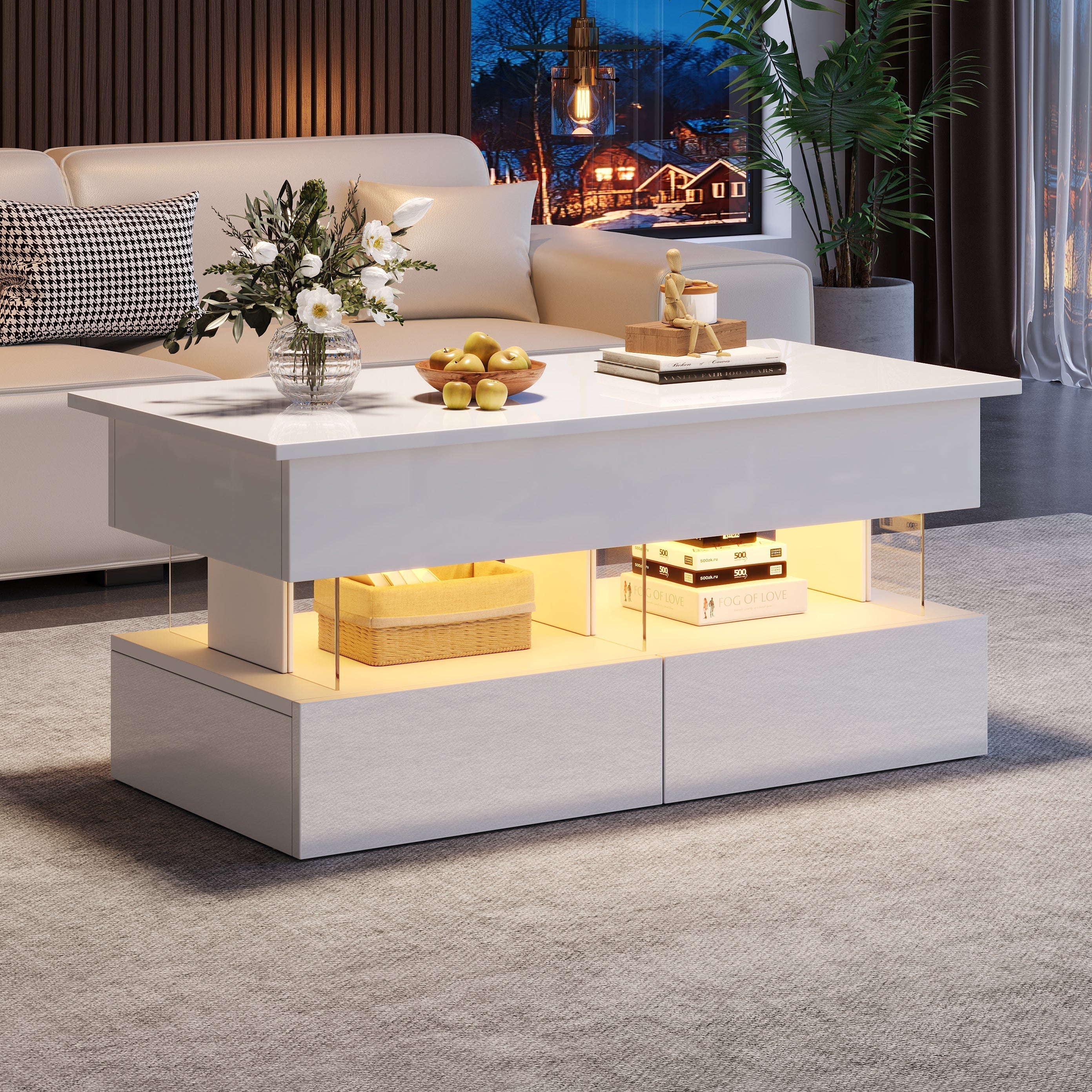 Liftable Coffee Table, Height-Adjustable Hidden Storage LED 2 Drawers, White MDF/Acrylic