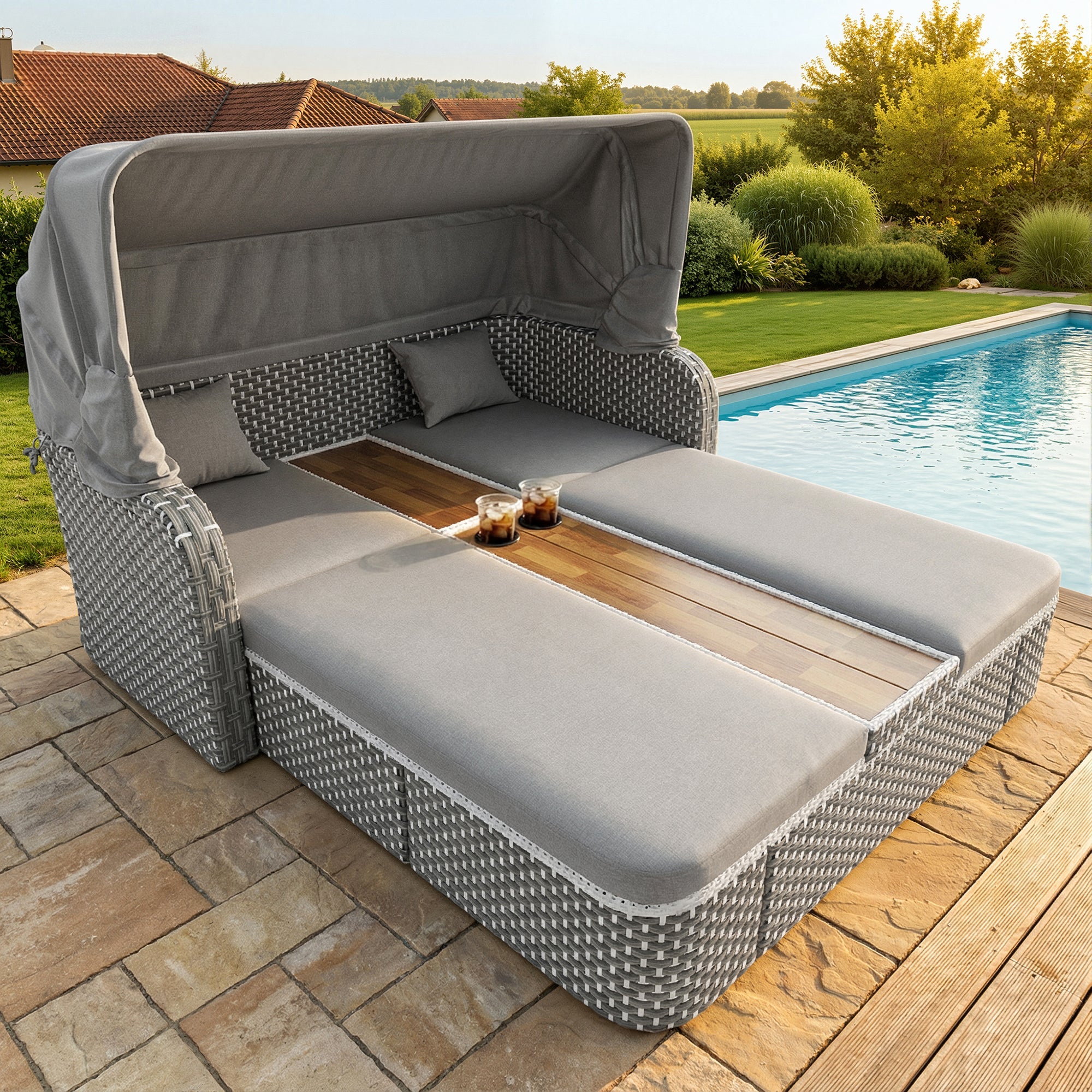 Garden Lounge Set with Sunshade and Gazebo, Polyrattan Seating Group with Sofa and Table, Beige and Grey