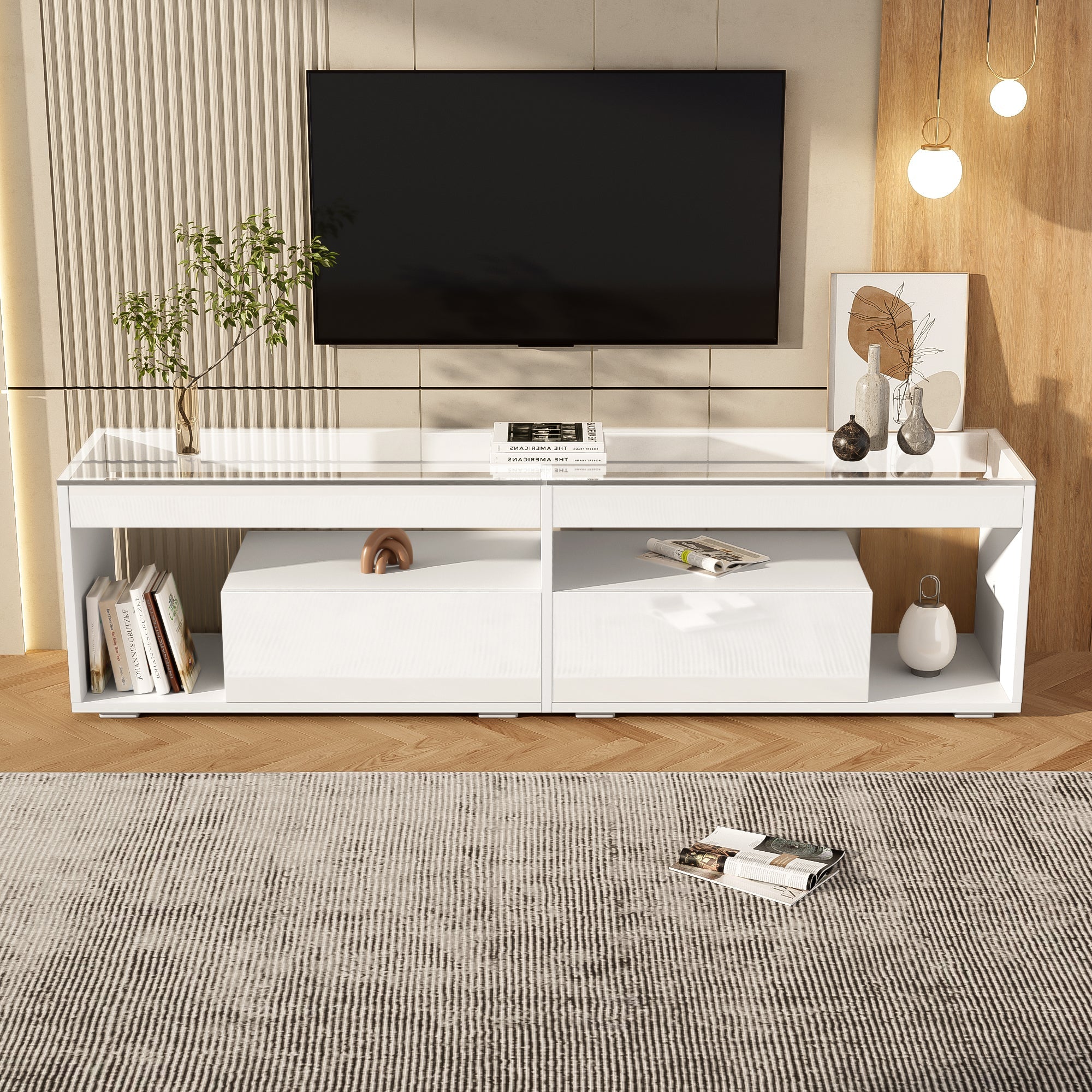 LED High-Gloss TV Cabinet for 70 Inch TVs, 2 Drawers, White