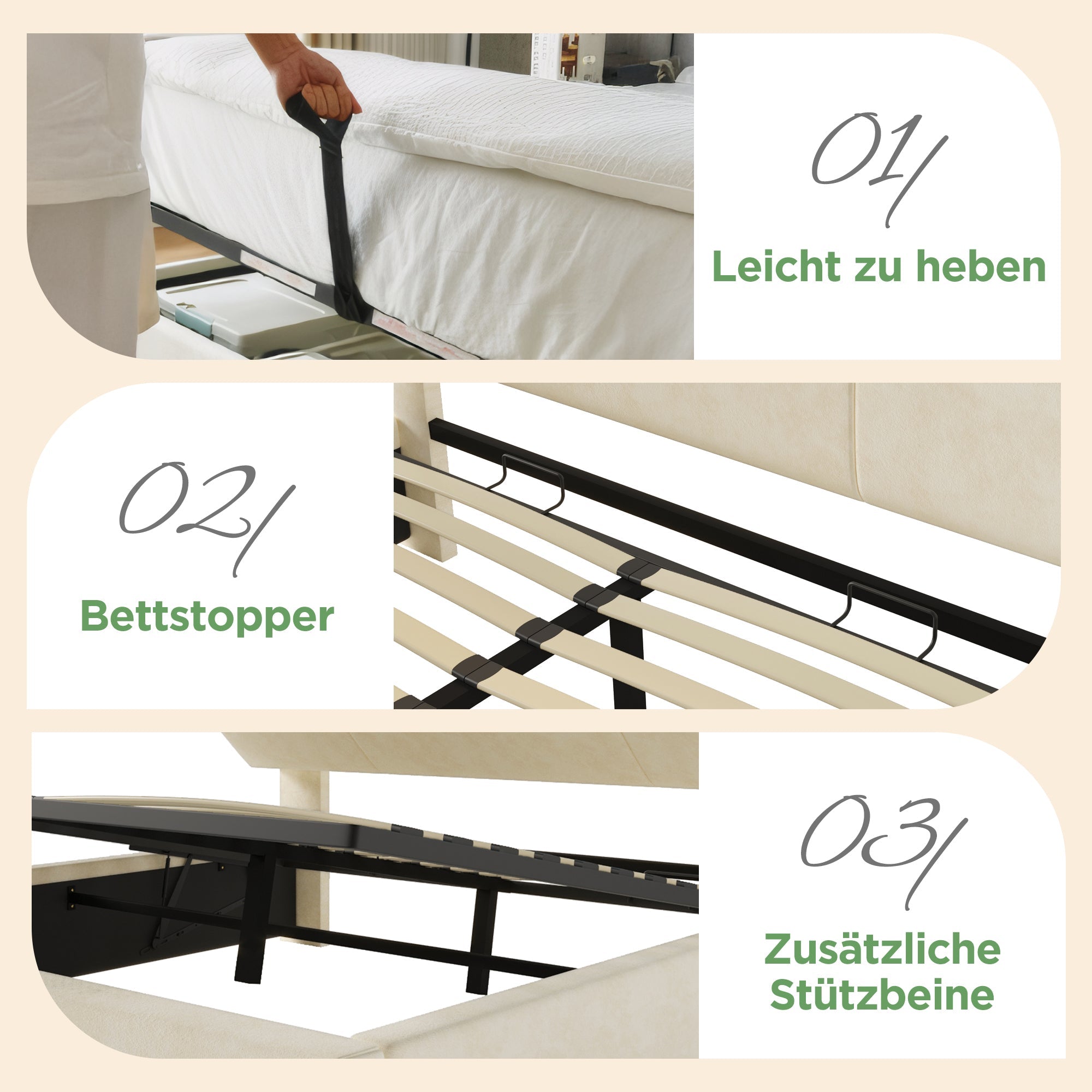 Upholstered Double Bed 140x200cm Hydraulic Storage Headboard LED USB/Type-C Velvet Beige