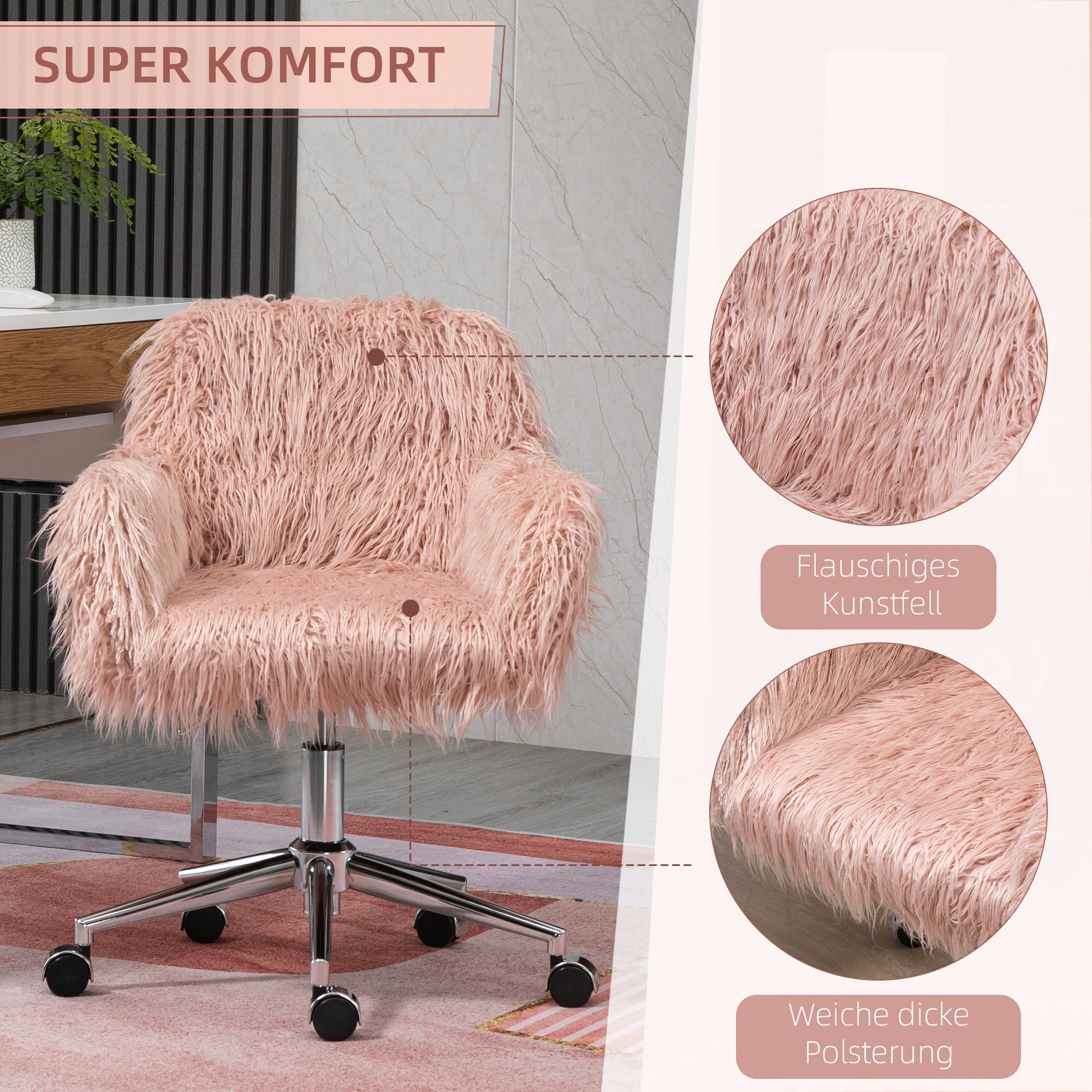 Women's Office Chair Ergonomic Height-Adjustable Faux Fur Pink/Silver