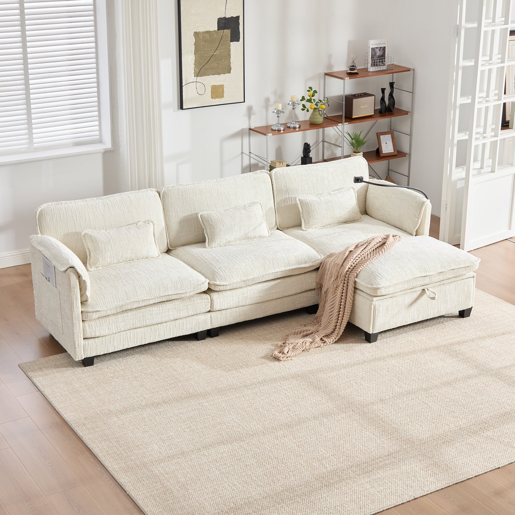 Modern 2-Seater Sofa USB Port Side Pocket Modular Footstool, Chenille Beige