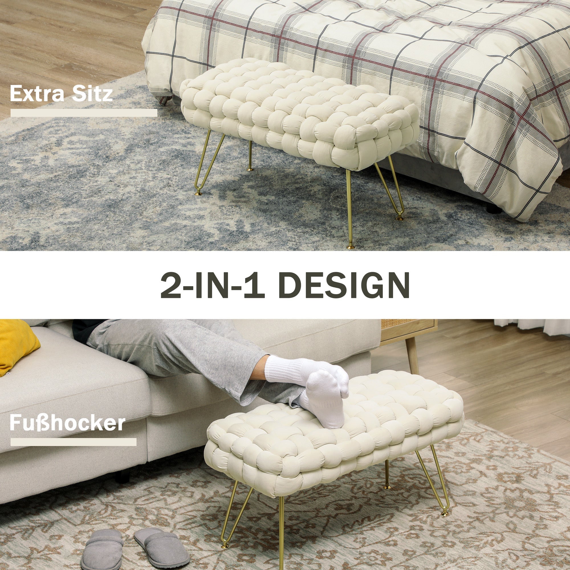 Fußhocker mit gepolsterter Sitzfläche, Metallbeinen, cremeweißer Samt