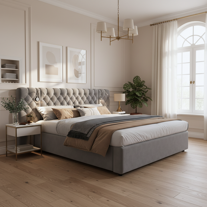 Upholstered Double Bed 180x200cm Hydraulic Storage LED Wide Headboard - Velvet Grey