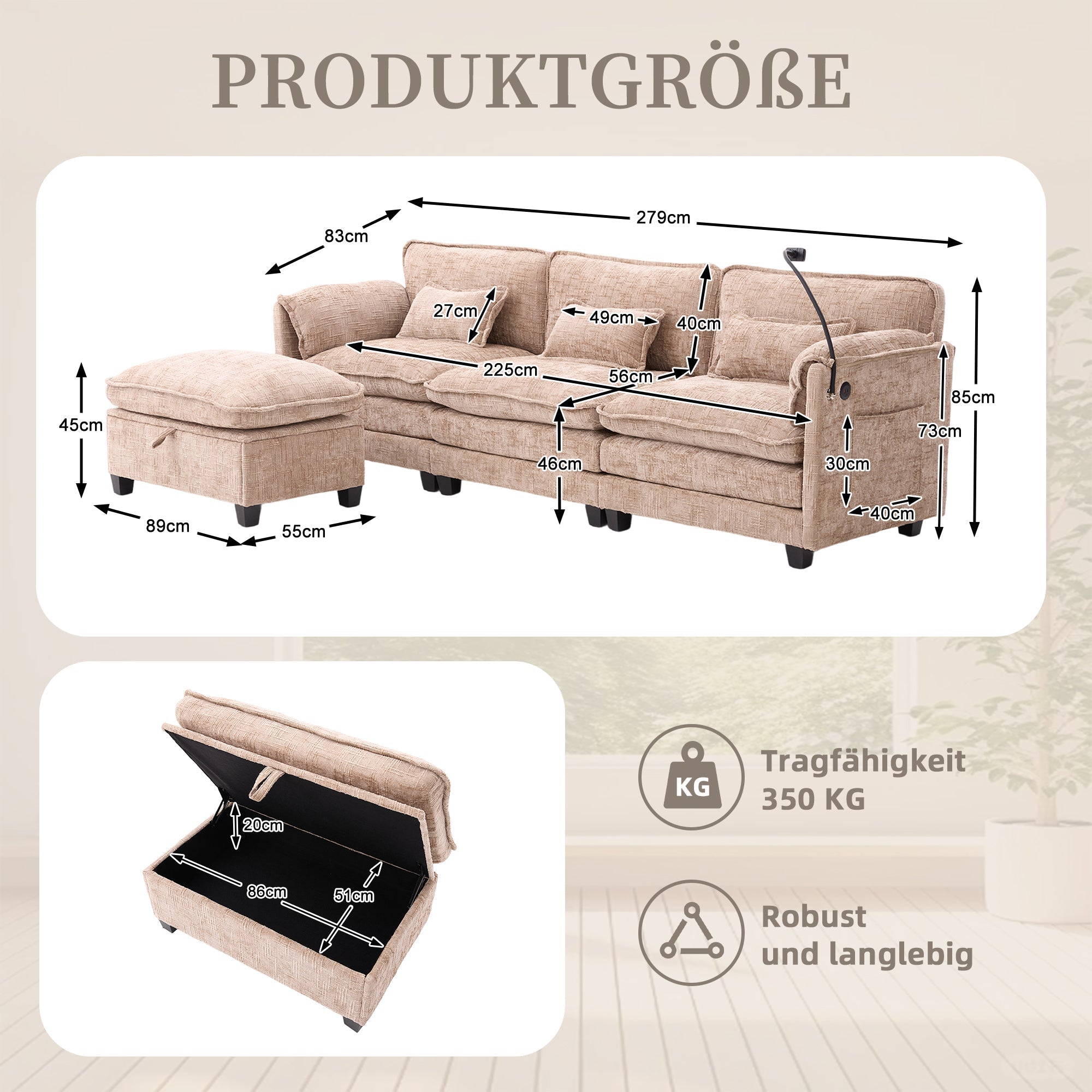 Modern 2-seater Sofa USB Storage Modular Footstool - Khaki Chenille
