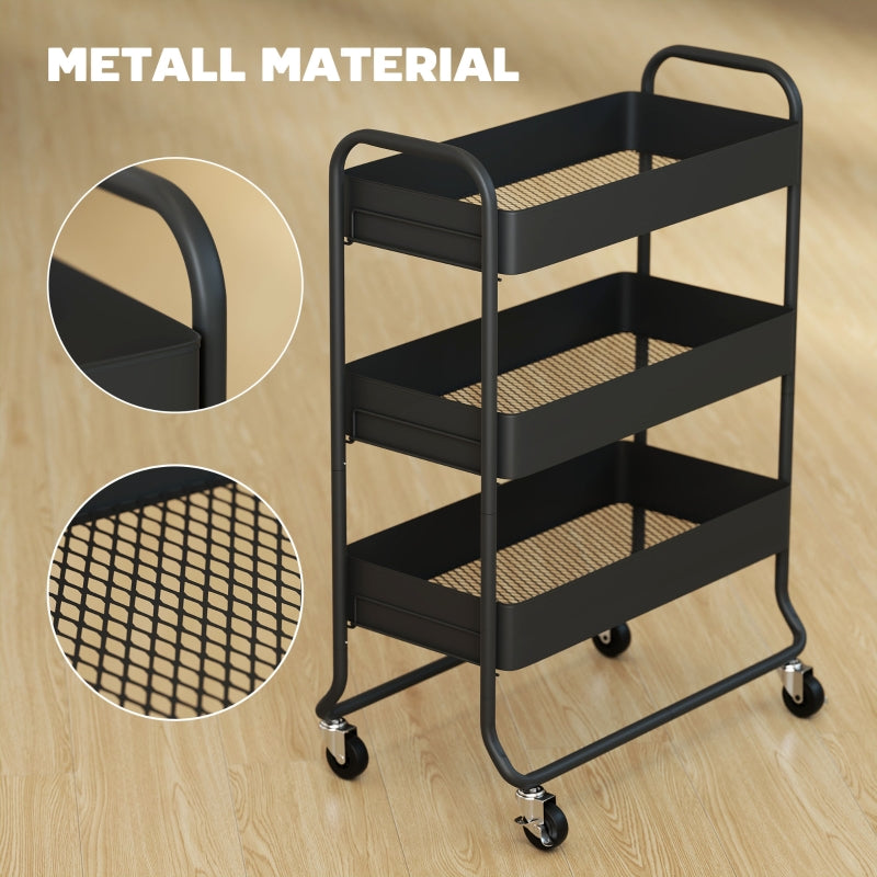 Kitchen Trolley 3 Baskets 4 Wheels - Metal Black