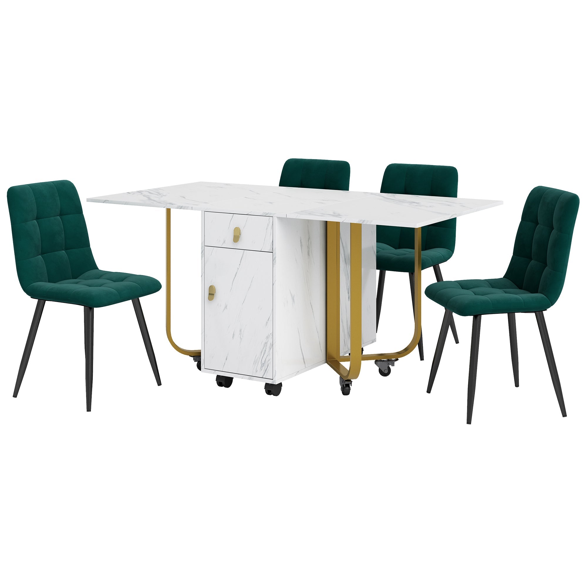 Dining Set, Folding 150cm Table & 4 Velvet Chairs, White MDF/Black Legs