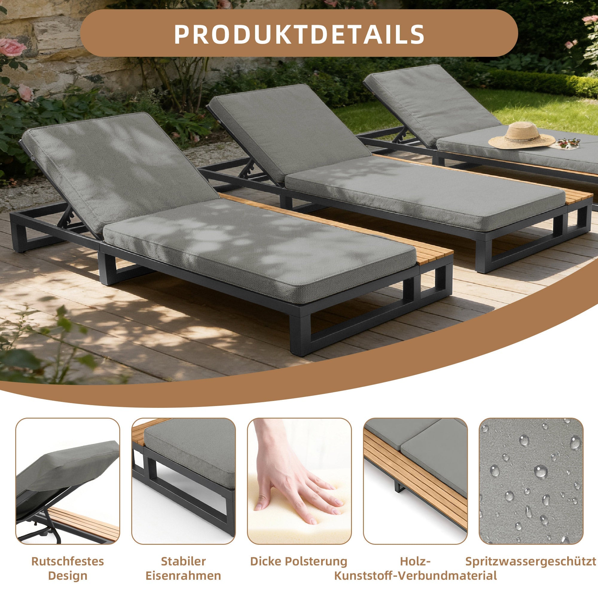 Outdoor Patio Daybed with Shelves and Adjustable Backrest, Waterproof Sofa Bed, Gray