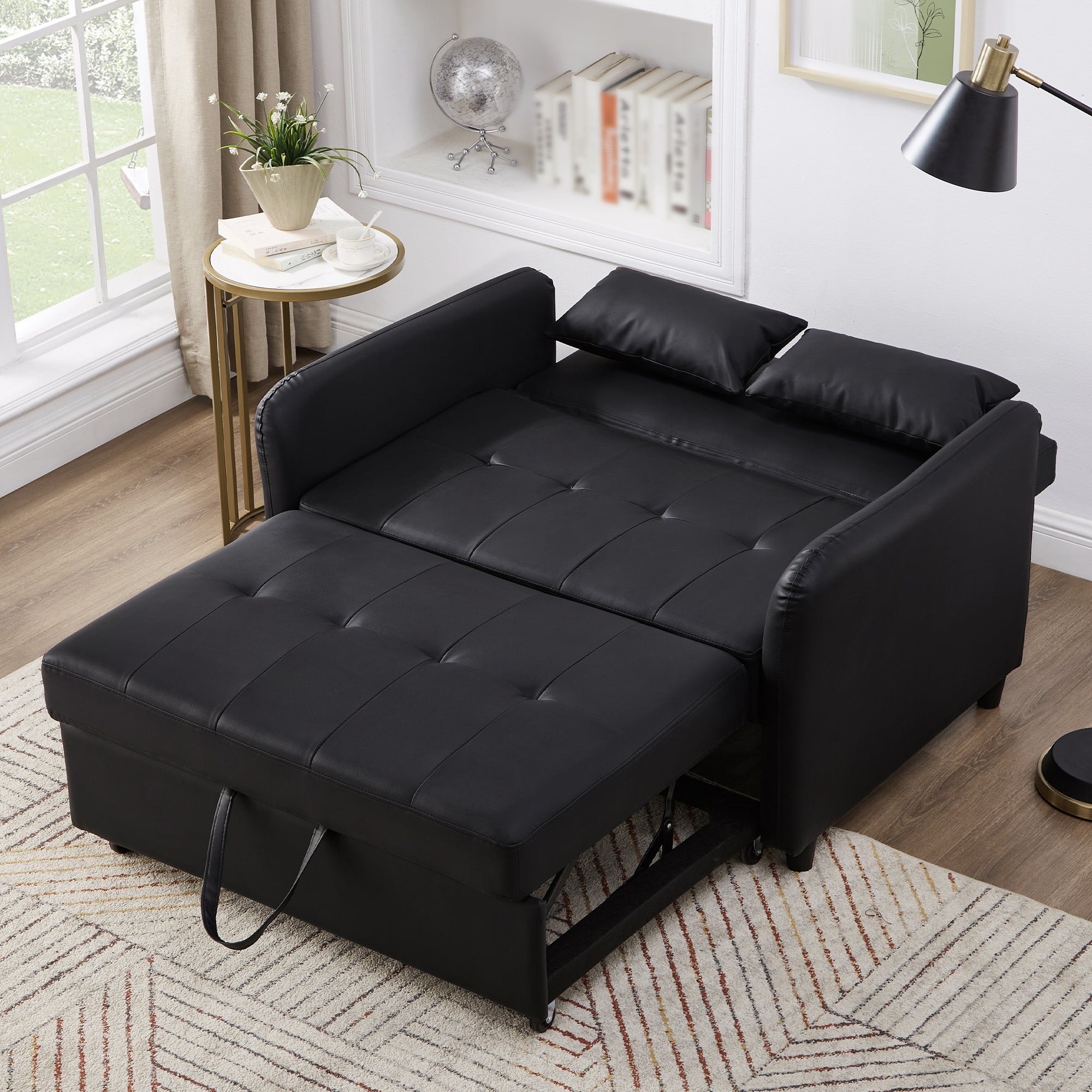 Multifunctional Sofa Bed Two-Seater Pull-Out, 3-Position Adjustable Backrest, Water-Repellent PU Material