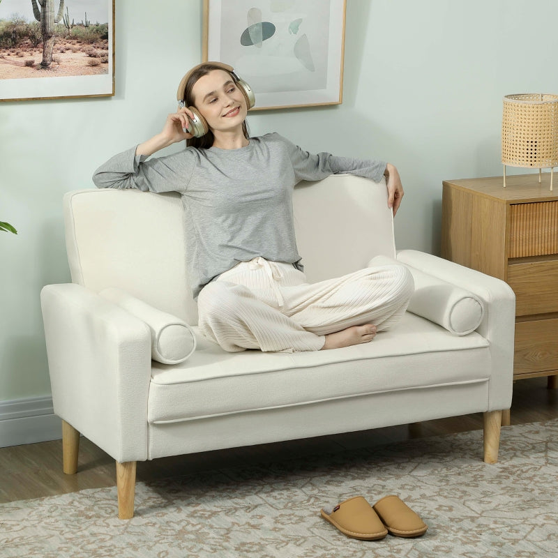 2-Seater Sofa, Upholstered with Rubber Wood Legs, Cream White