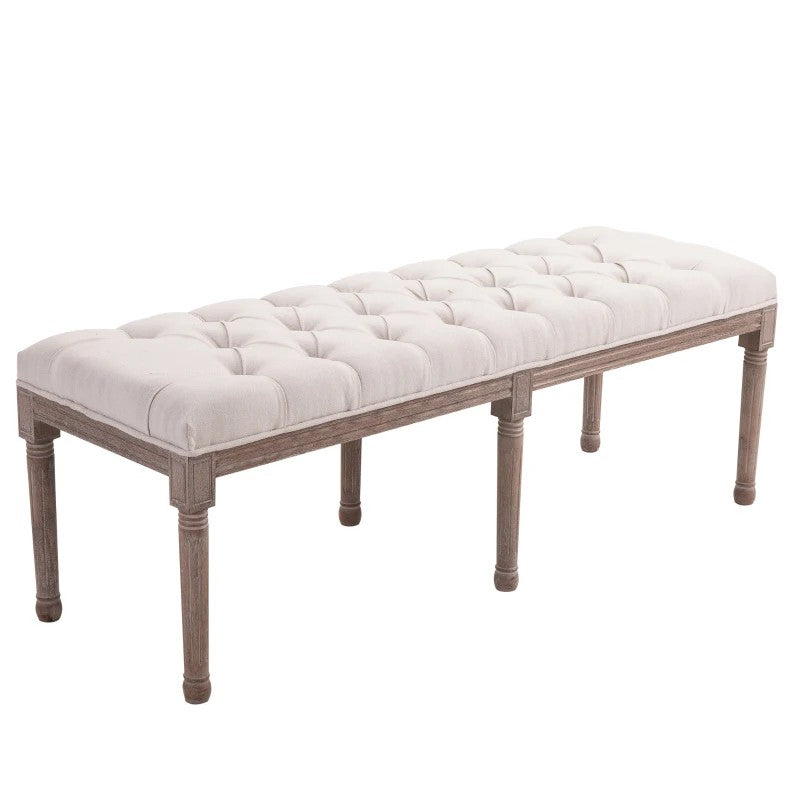 Upholstered Bench Lounge Stool with Buttons, Linen Wood, Beige