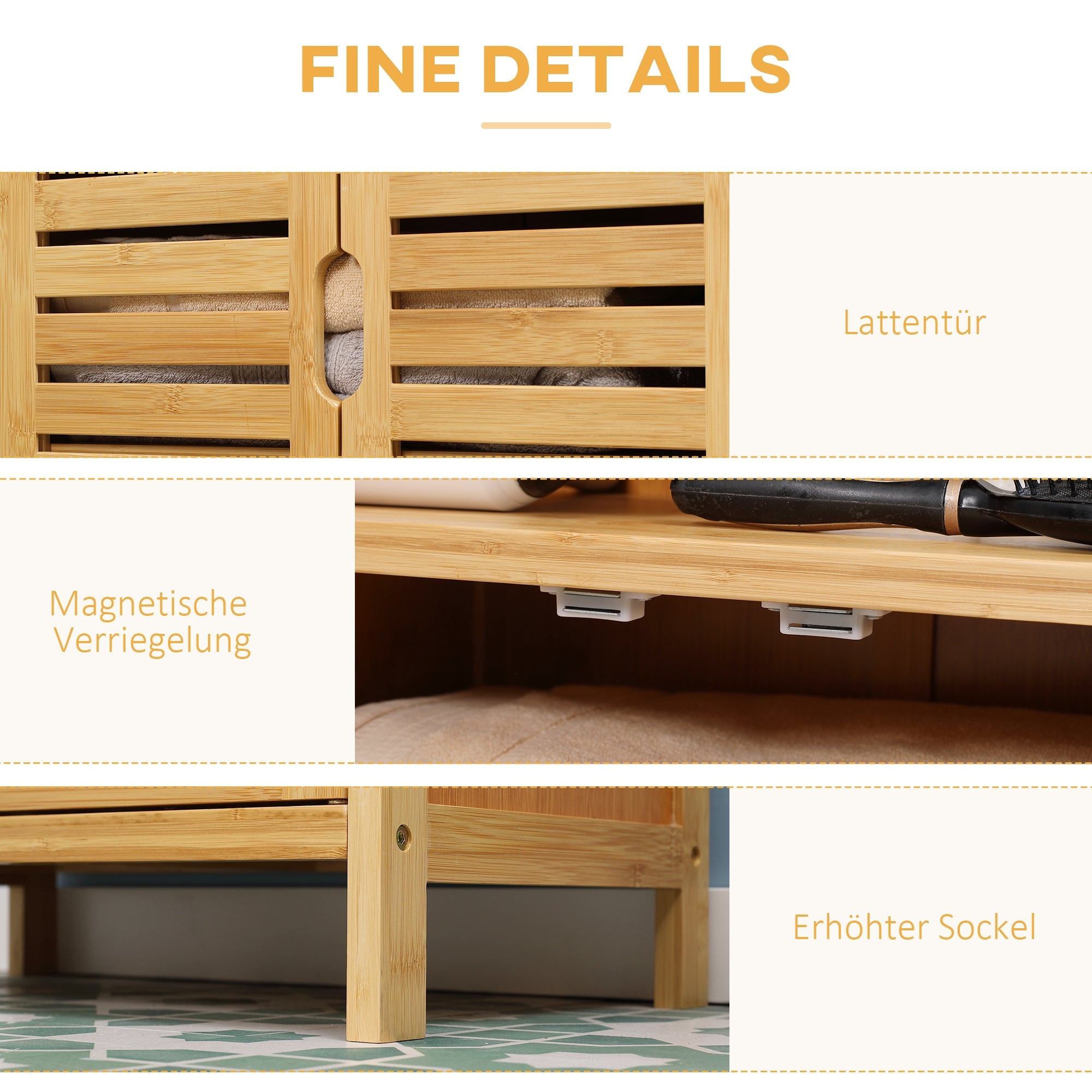 kleankin Bathroom Cabinet, Slatted Doors, Bamboo