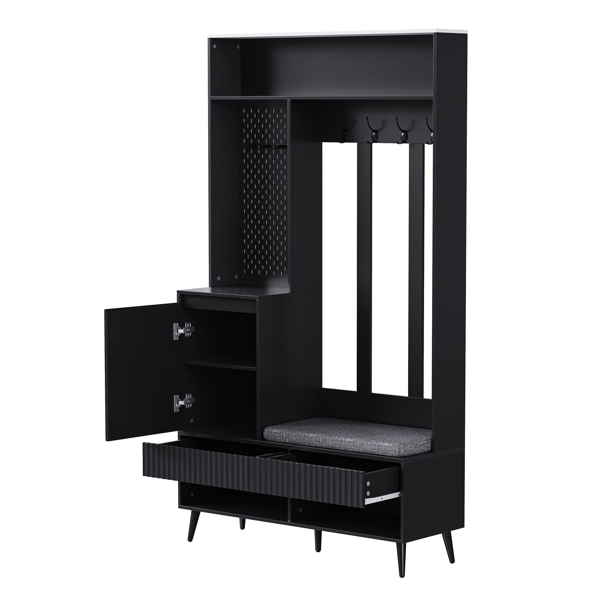 Wardrobe set with shoe bench, 4 coat hooks, two drawers, 1 door, black