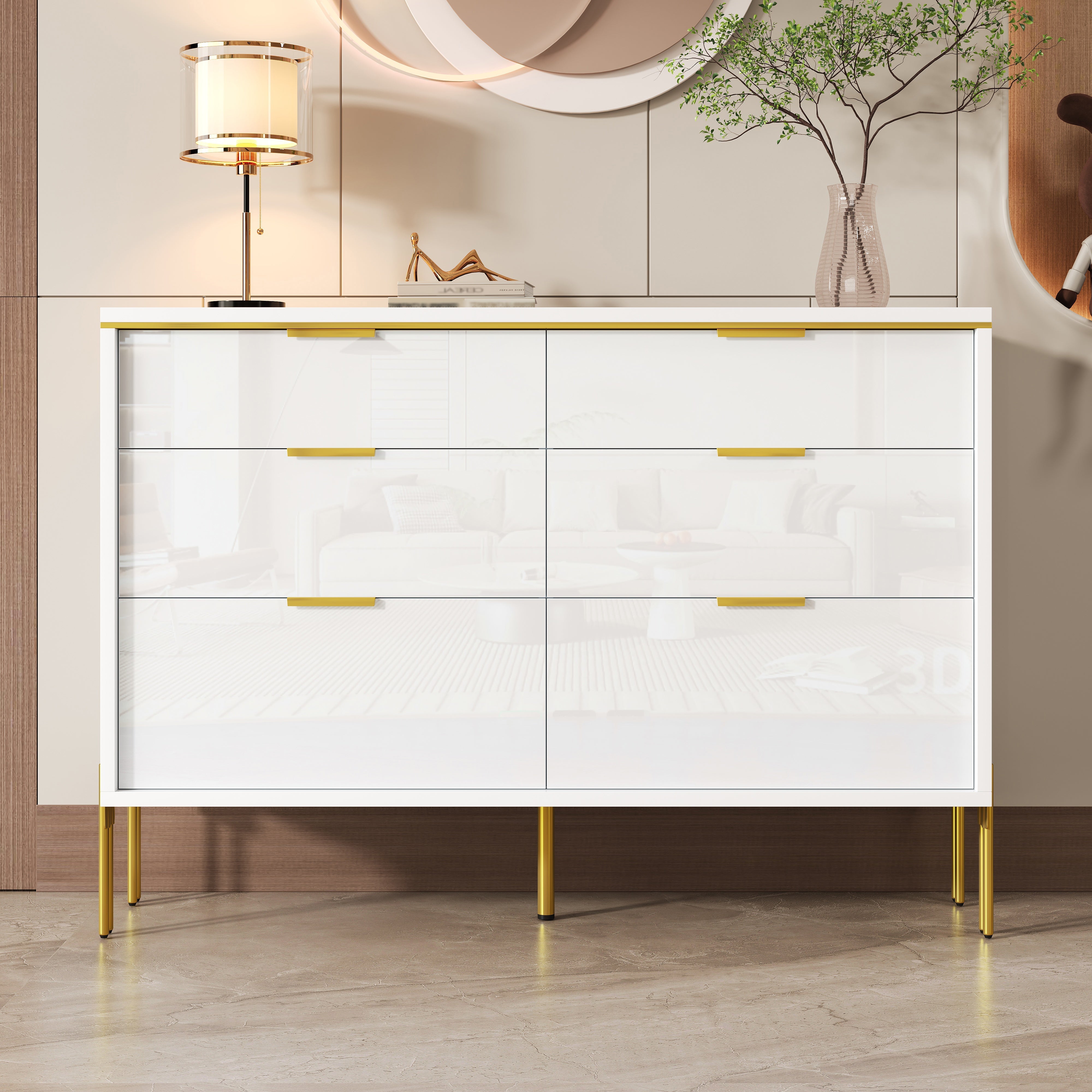 Sideboard Cabinet Modern 6 Drawers High-Gloss - White and Gold