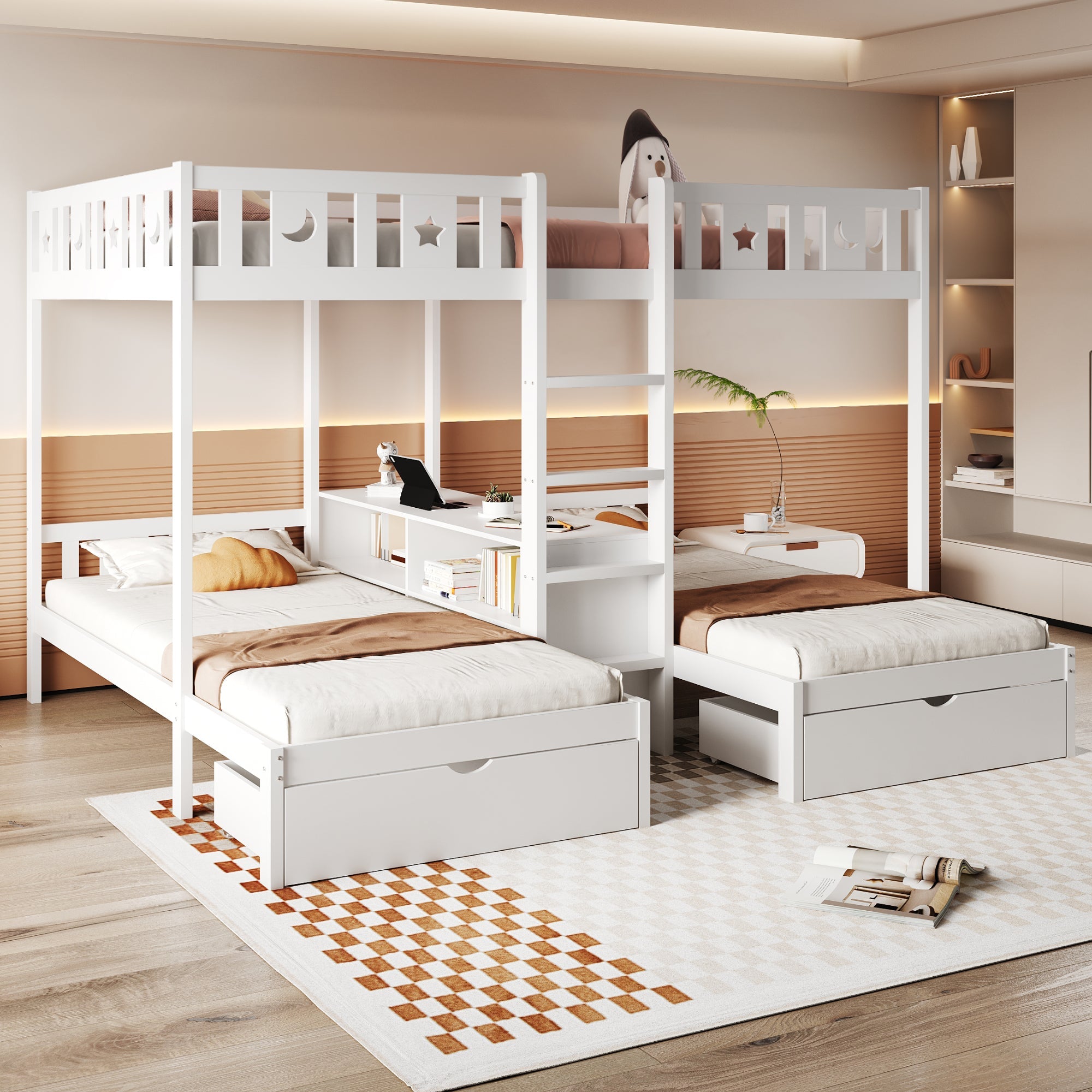 Triple Bunk Bed with Storage Stairs, Drawers and Star Moon Guardrails, 90x200cm & 140x200cm, White Solid Wood