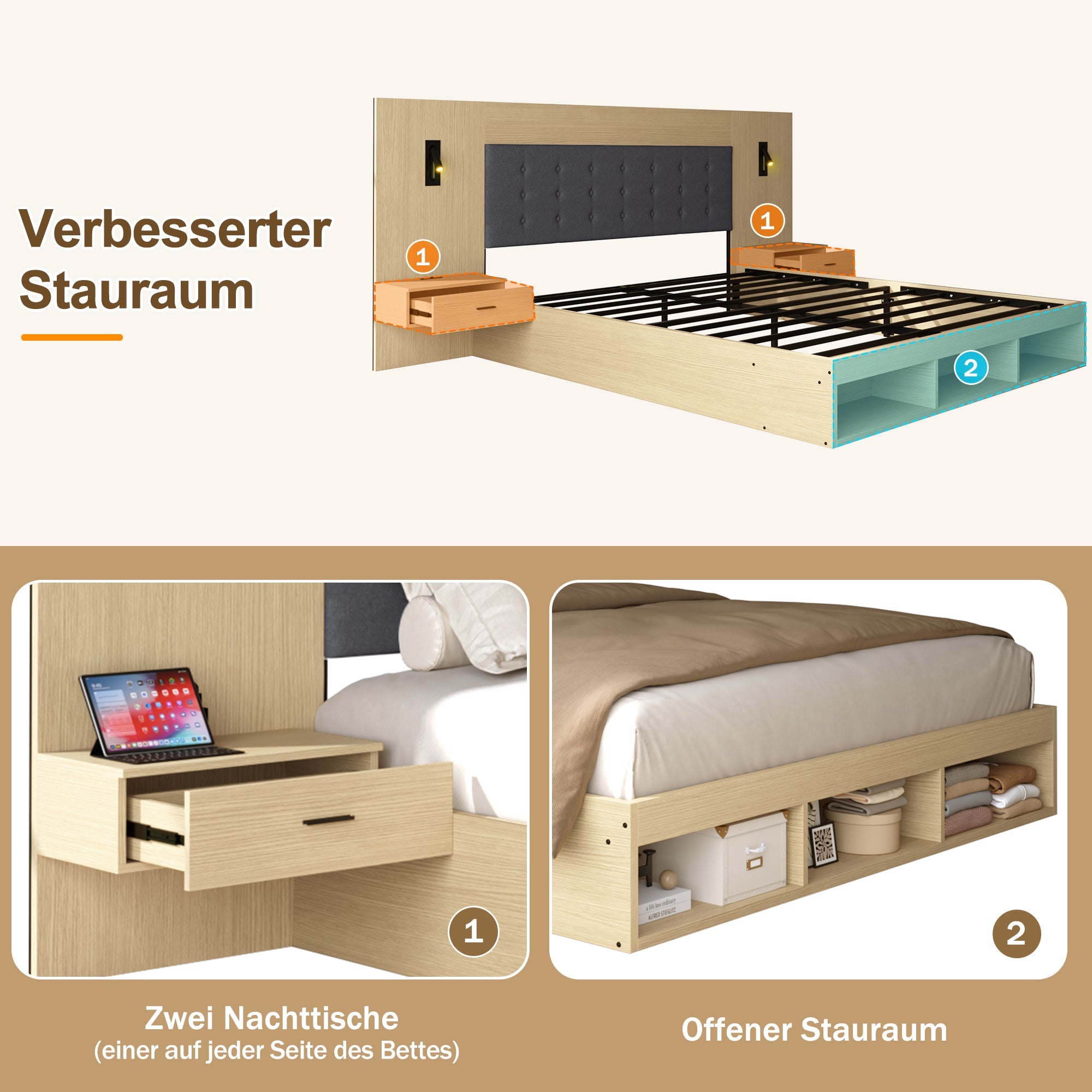 Double Bed with Storage, USB Charging Station, Reading Lamp and 2 Bedside Tables, 160x200cm, Light Oak Wood