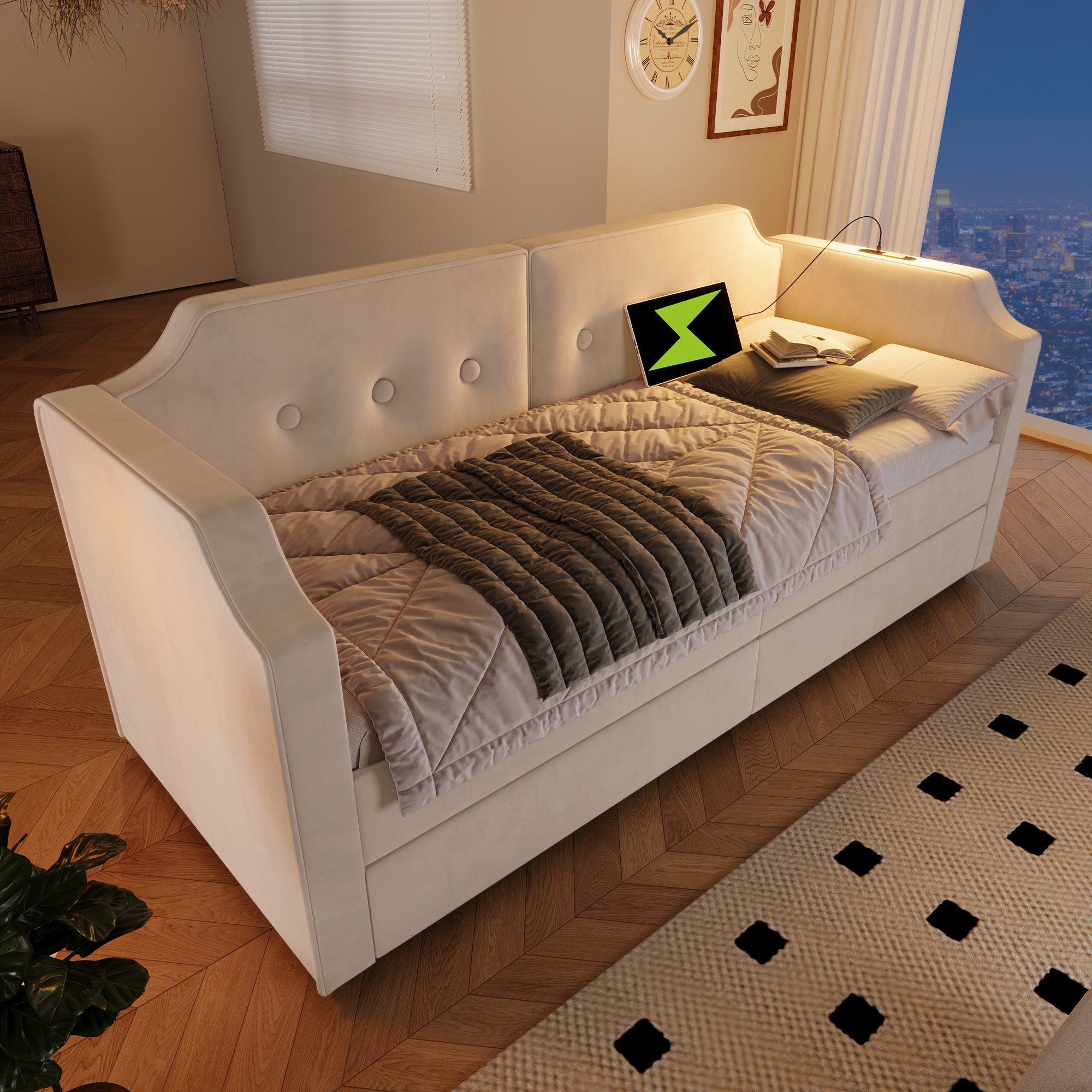 Upholstered Sofa Bed, 90x200 cm, USB Type-C Light, 2 Drawers, Velvet Beige