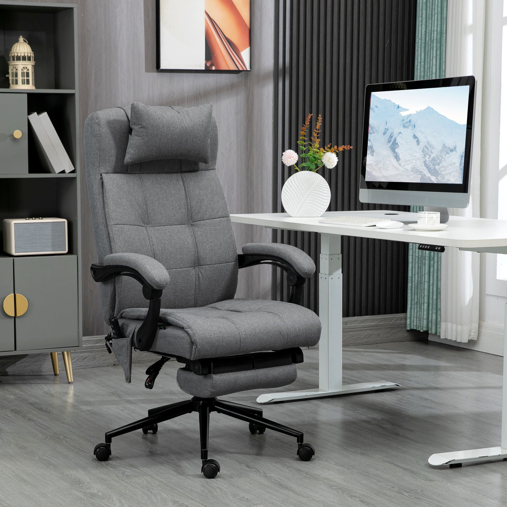 Office Chair, Ergonomic Massage Lumbar Heating Footrest Headrest Adjustable, Polyester Grey